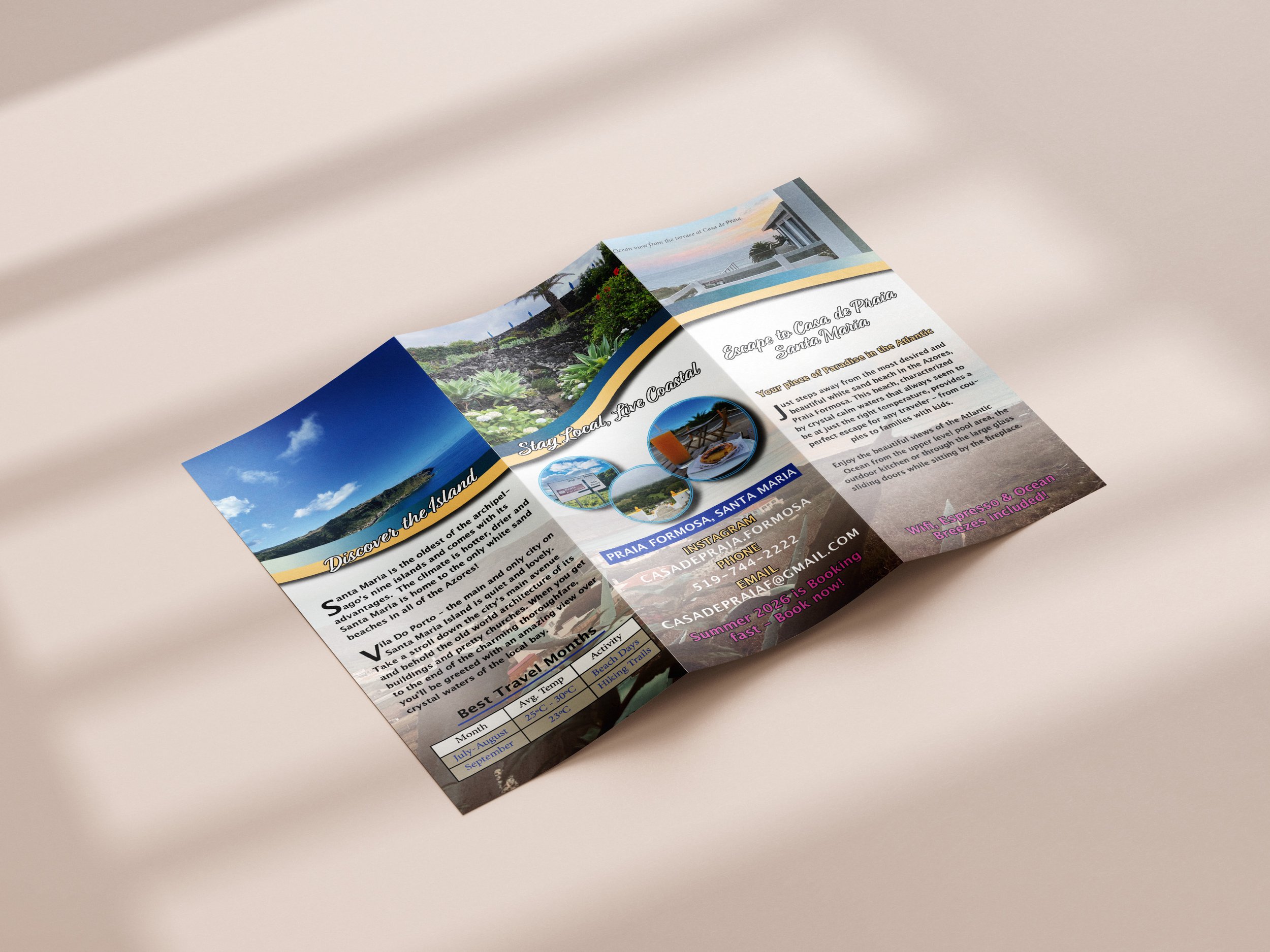 A colorful brochure about Santa Maria, Azores, featuring images of the coast, beaches, and outdoor activities, and including travel information and contact details.