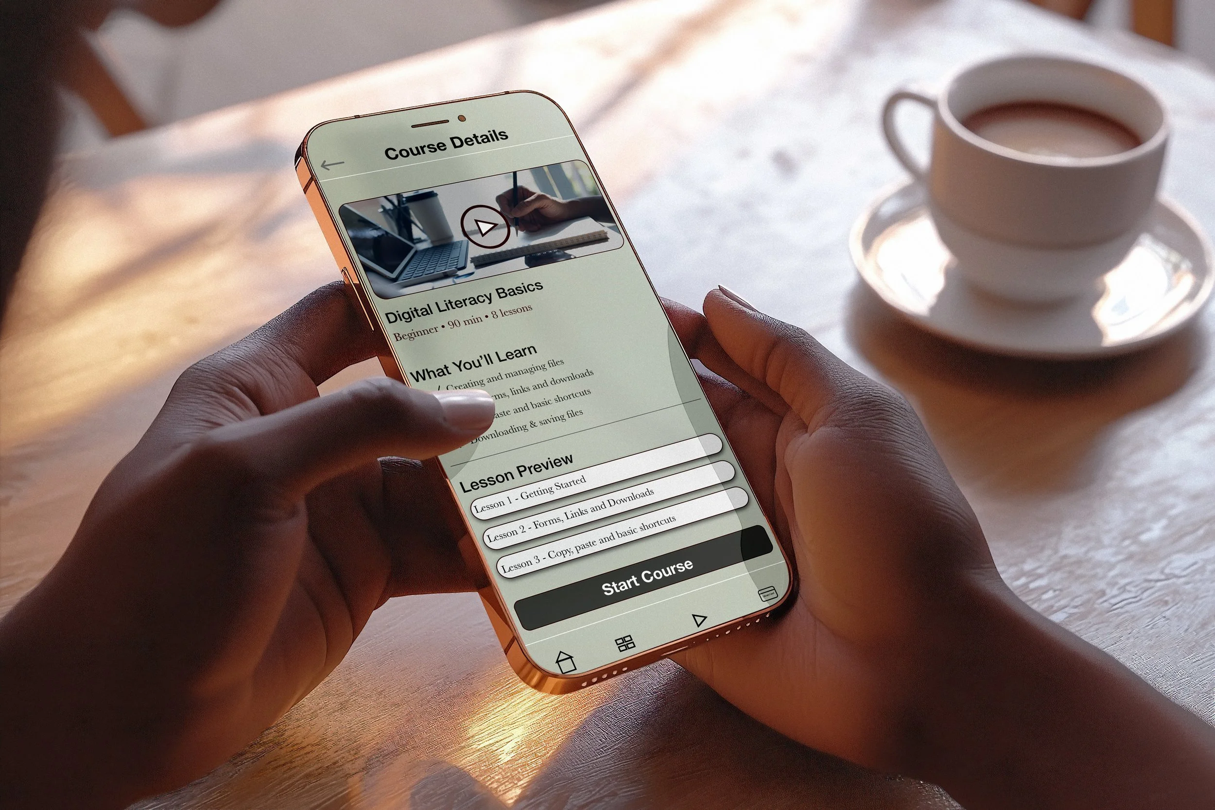 A person holding a smartphone displaying an online course titled 'Digital Literacy Basics' on the screen, with a white cup of tea or coffee on a saucer placed on a wooden table in the background.