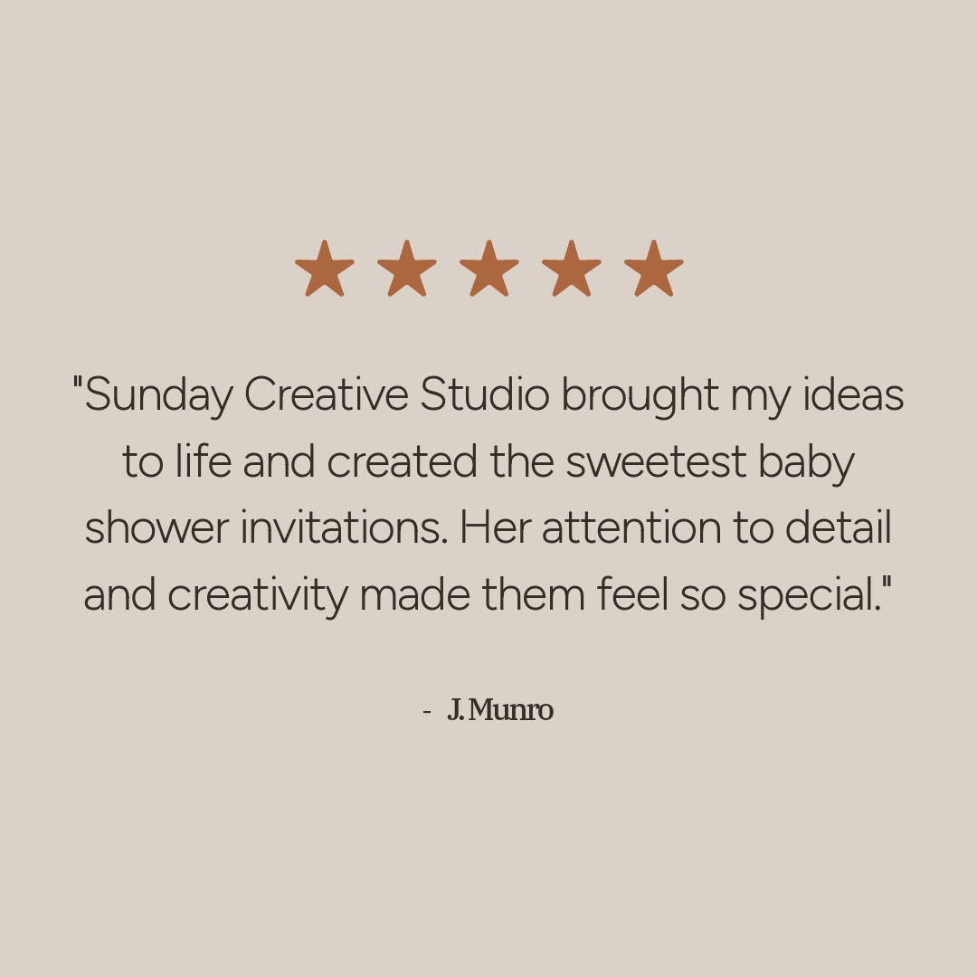 Five-star rating icon with customer testimonial about Sunday Creative Studio, praising their creative ideas and attention to detail for baby shower invitations.