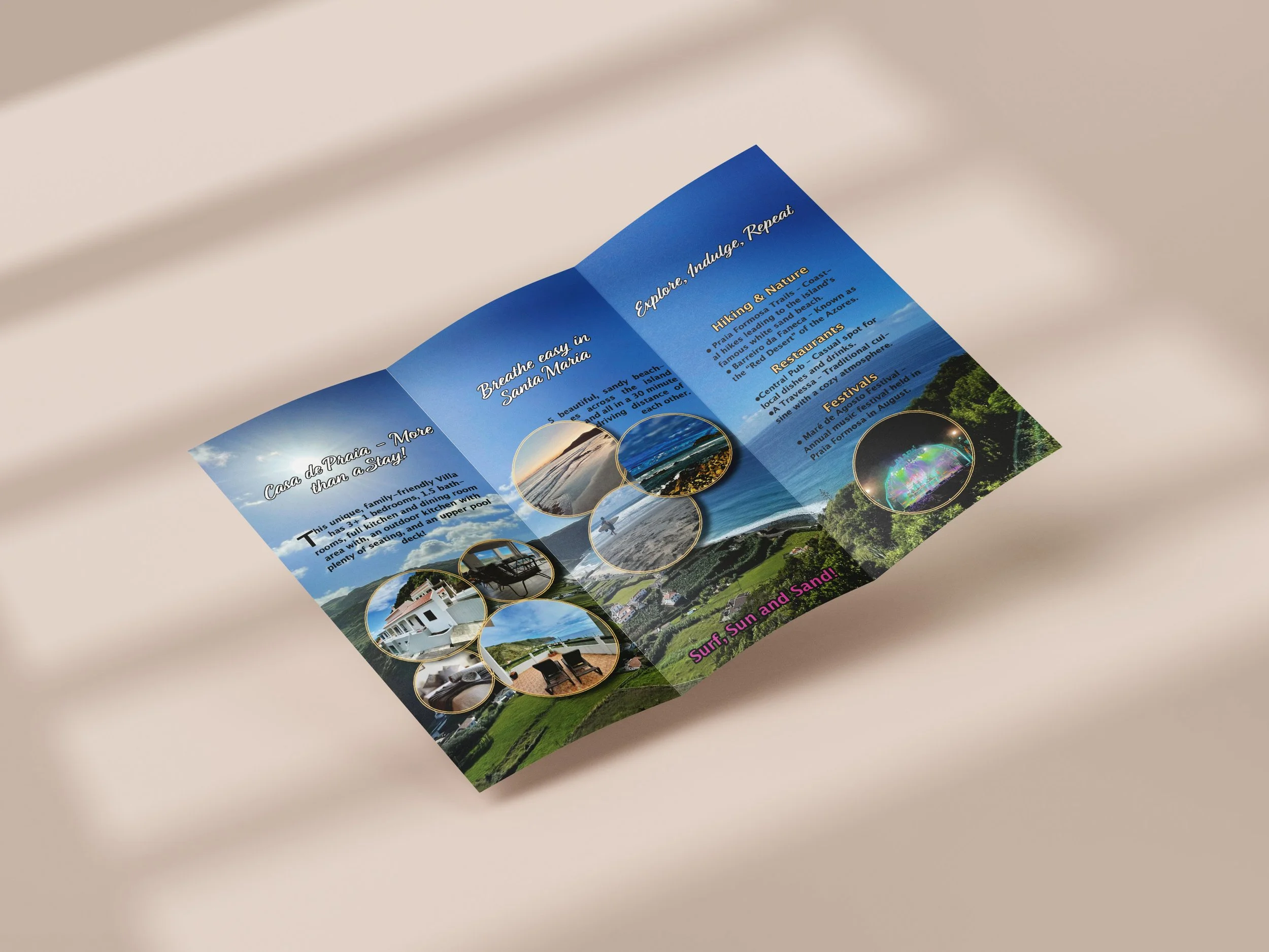 A travel brochure featuring photos of a beach, hillside houses, and lush greenery, with sections on exploring nature, dining, festivals, and accommodations.