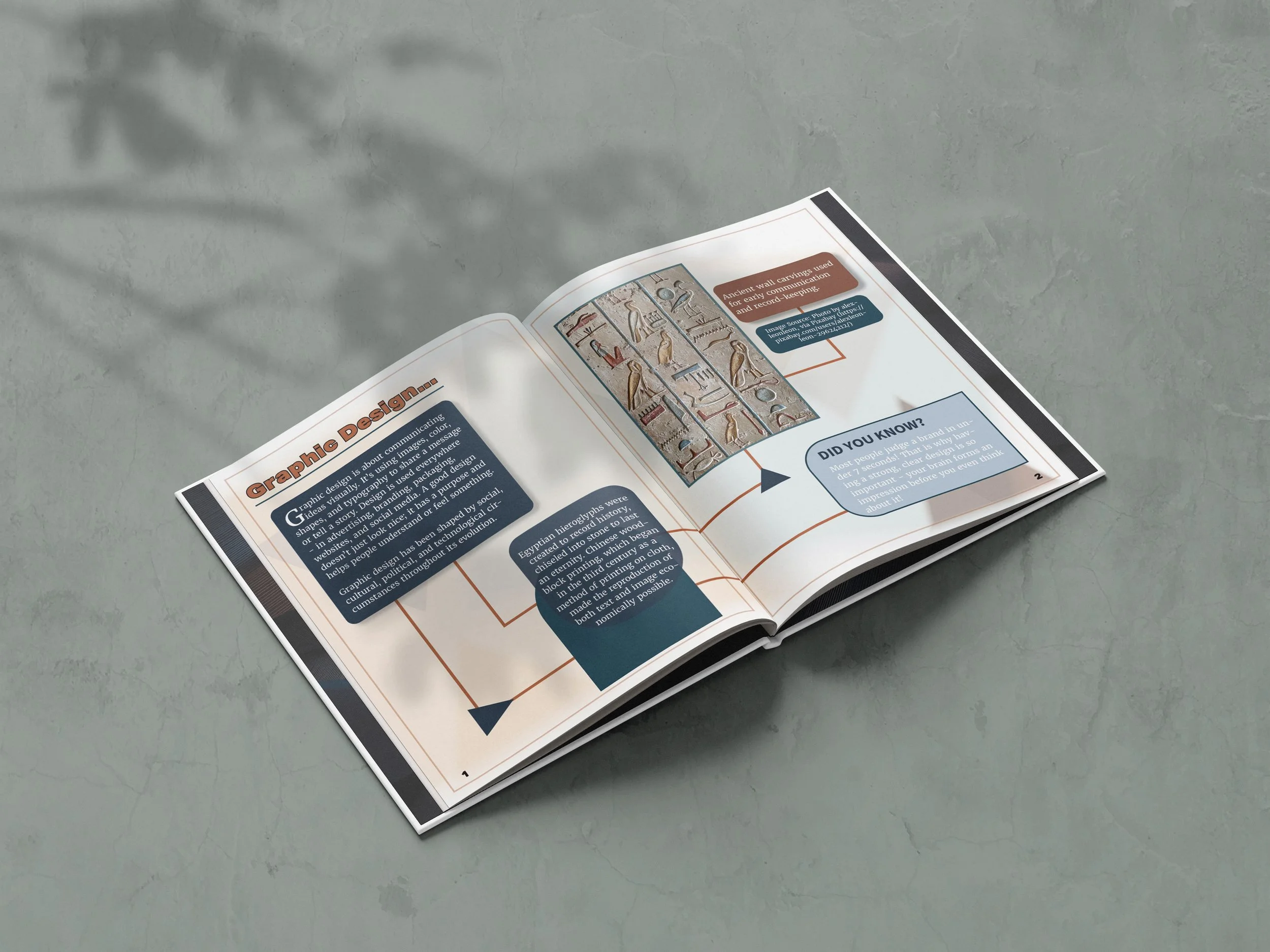 Open magazine on a light gray surface, displaying articles about graphic design and ancient wall carvings, with shadows of leaves on the surface.