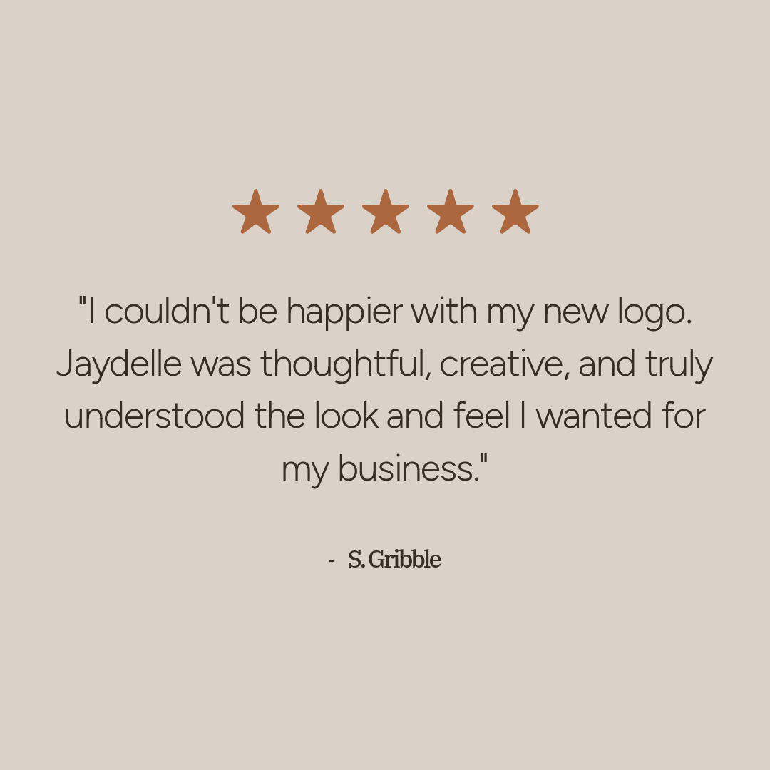 Five bronze stars with a customer testimonial about a logo design by Jaydelle, praising her thoughtful and creative work.