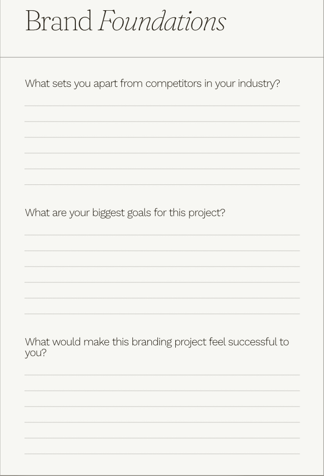 A branding worksheet titled 'Brand Foundations' with questions about industry differentiation, project goals, and success factors, and space to write answers.
