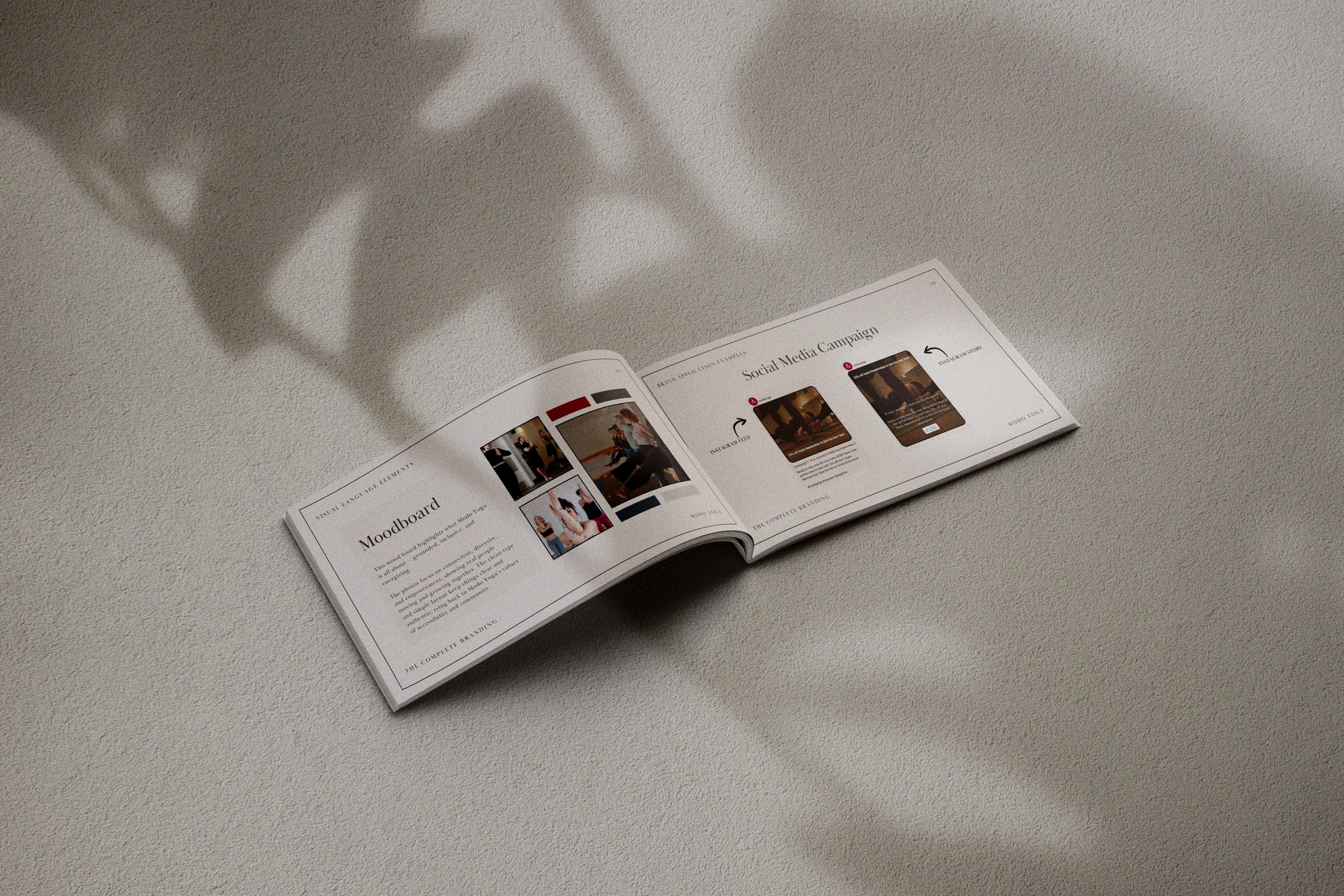 An open magazine on a plain, light-colored surface, showing a section titled 'Social Media Campaign' with images of social media posts and text.