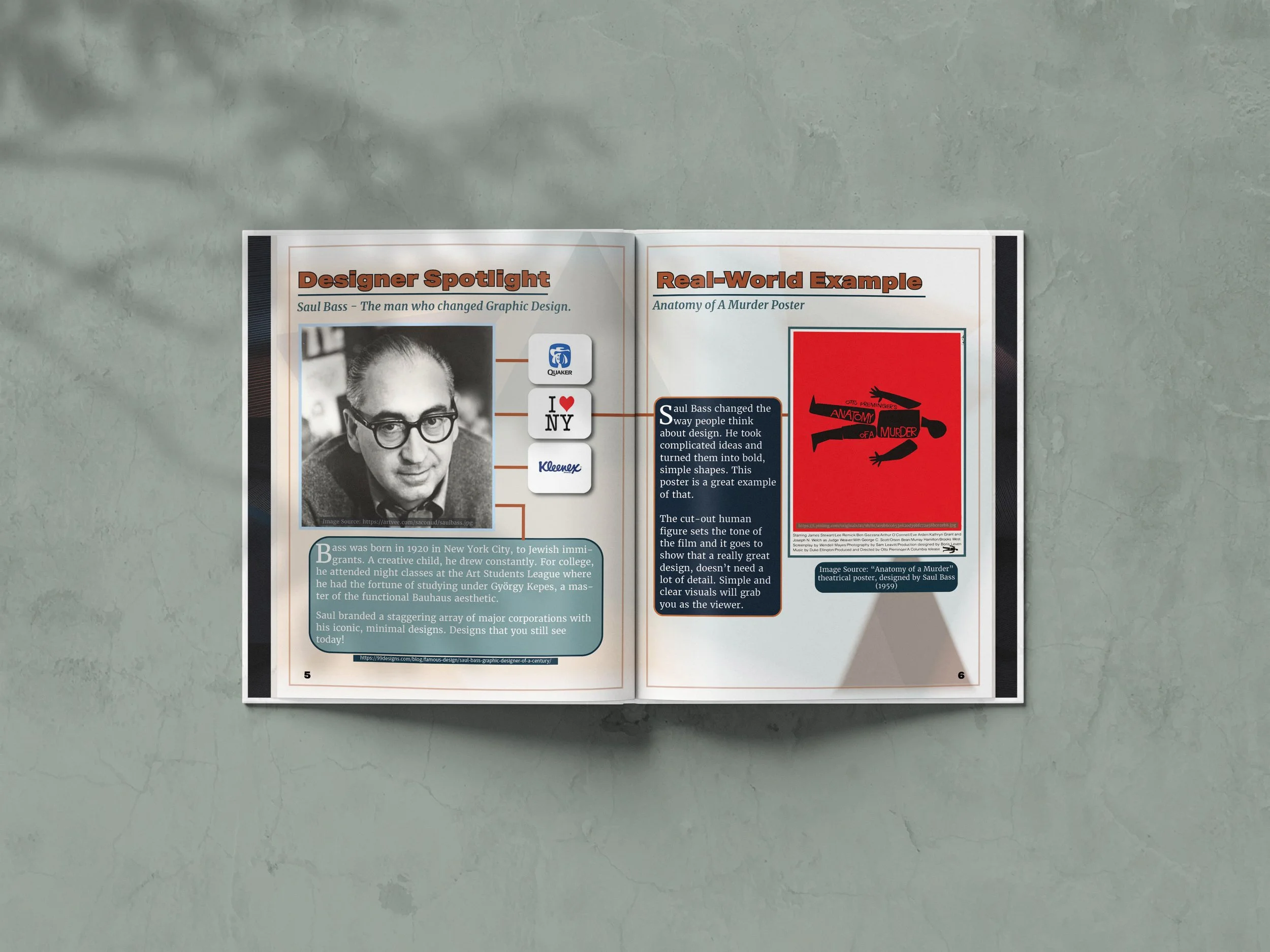 An open magazine on a light gray textured surface, showing pages about graphic design. The left page features a black-and-white photo of Saul Bass, with a brief biography below. The right page discusses Saul Bass's work on a murder poster, including an example image of the poster with a red background and black silhouette of a human figure. The pages are numbered 5 and 6 at the bottom.
