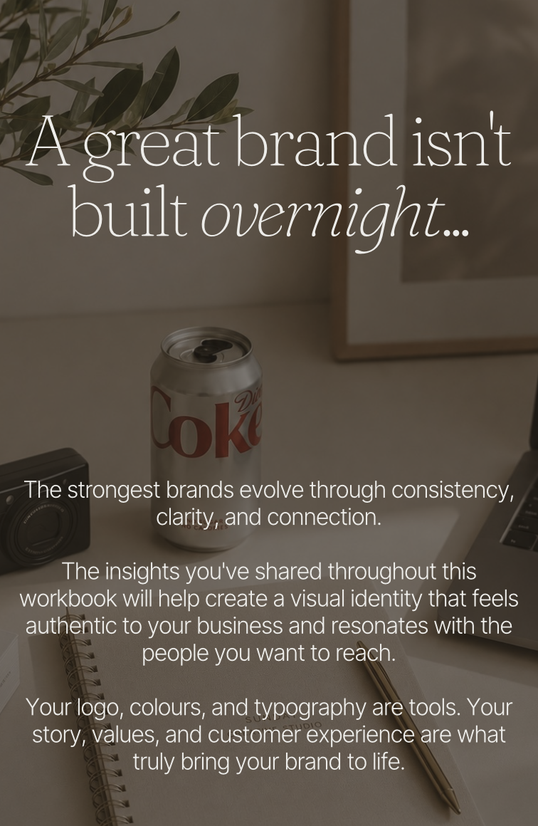 Inspirational quote about branding over a background with a can of Diet Coke, a camera, and a notebook on a desk.