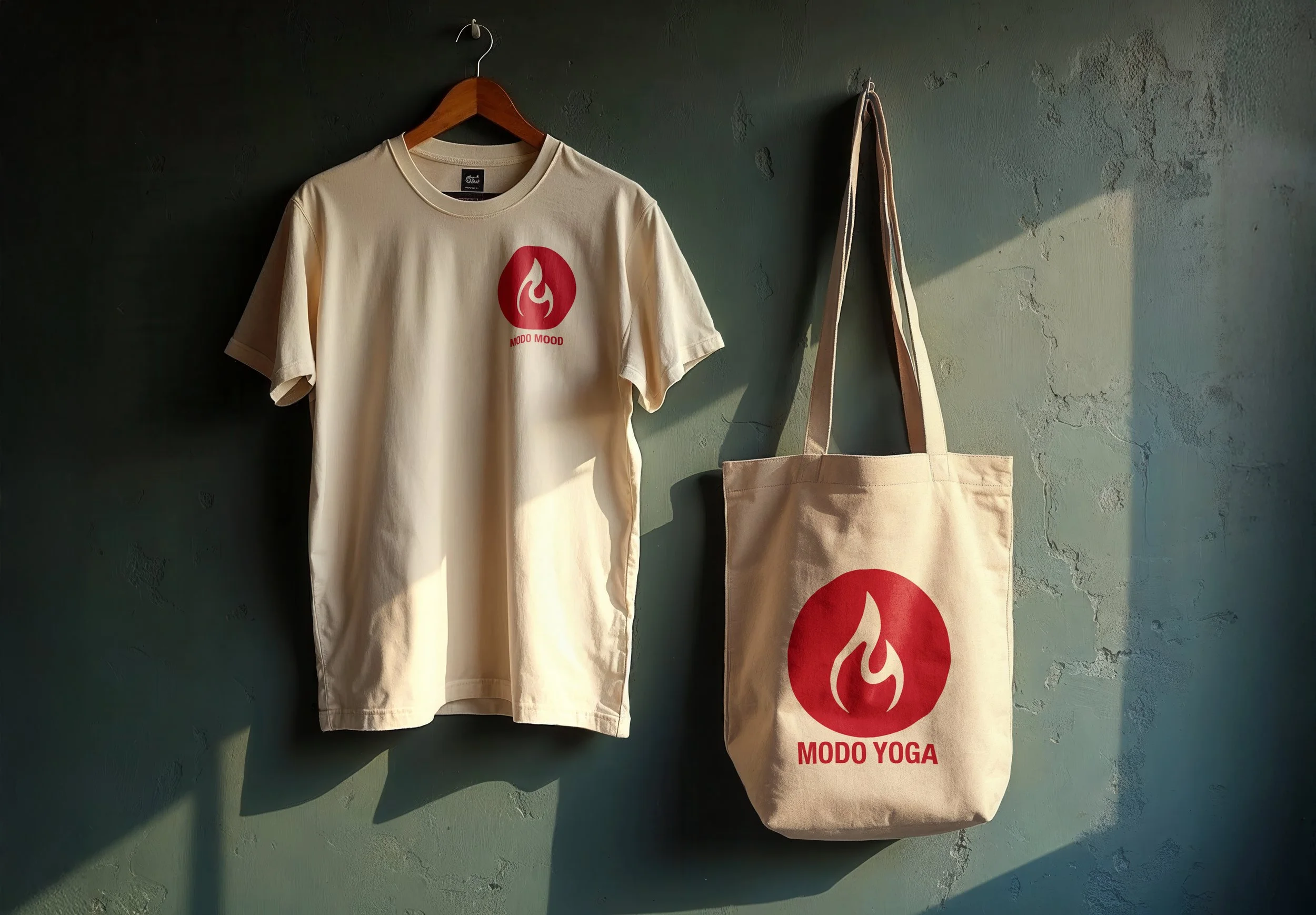 Cream-colored T-shirt hanging on a wooden hanger with a red circular logo and flame icon on the front, paired with a matching tote bag hanging on a hook, both items featuring the text 'MODO MOOD' and 'MODO YOGA'. The wall behind is textured with patches and a gradient of green and gray.