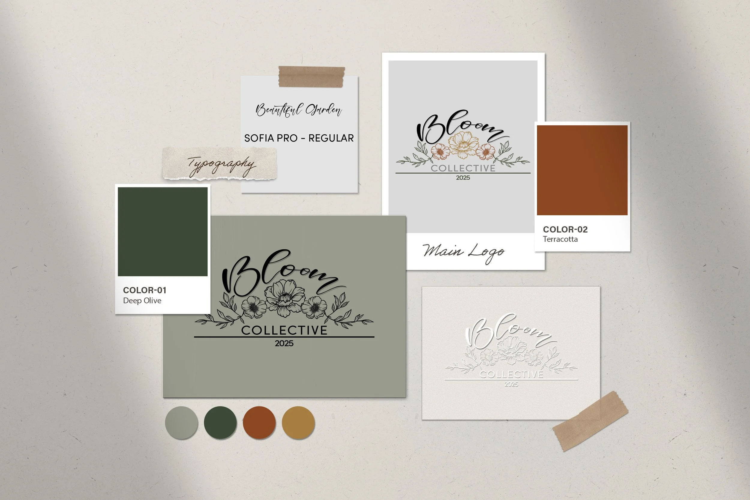 A collection of branding and design materials, including logo designs, color palettes, and typography samples for a project called 'Bloom Collective 2025.' The materials feature floral illustrations, earthy color tones such as deep olive, terracotta, and beige, and handwritten and serif fonts.
