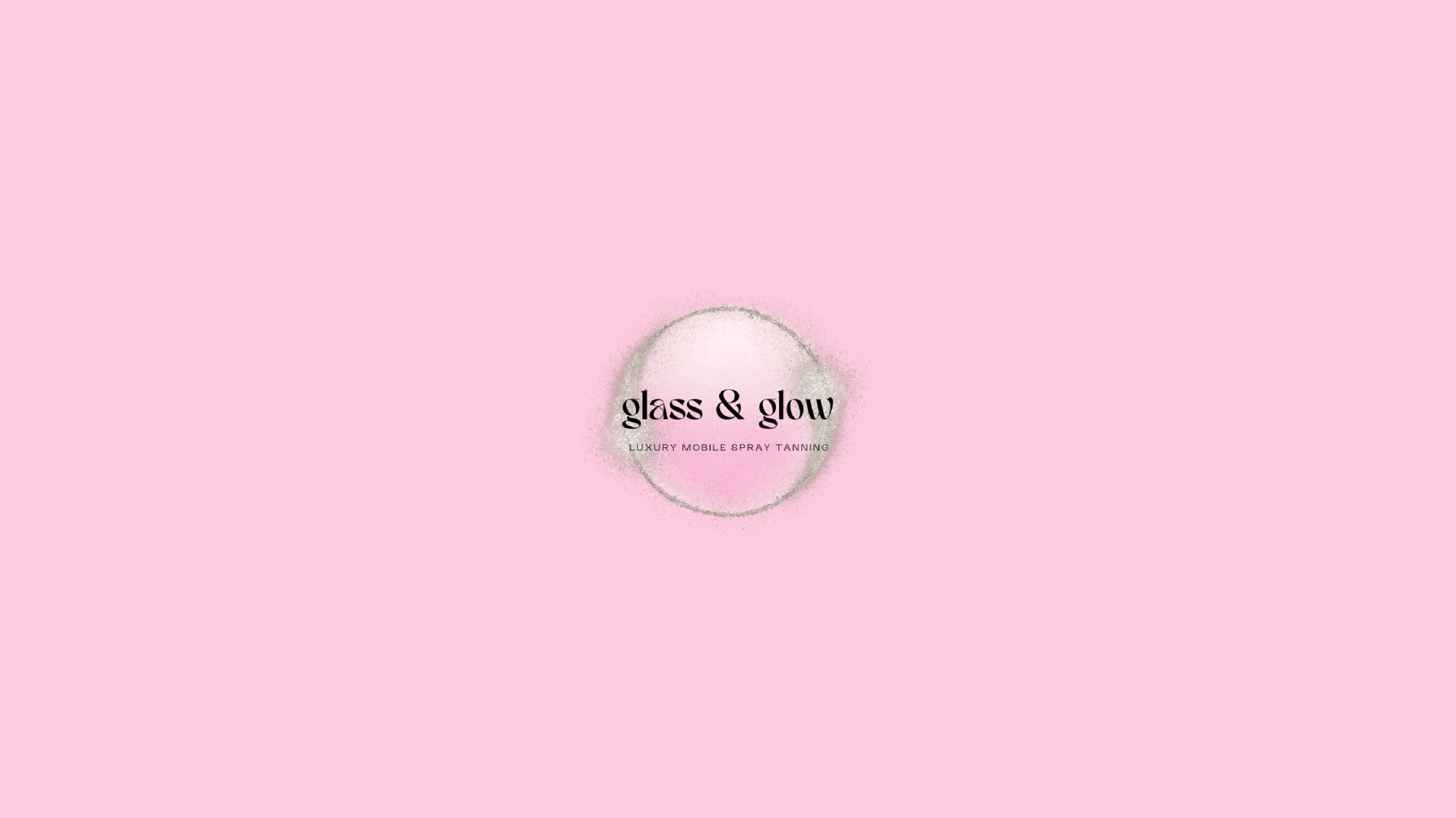 light pink background with a white circle in the center containing black text that reads "glass & glow" and smaller text below that reads "Luxury Mobile Spray Tanning".
