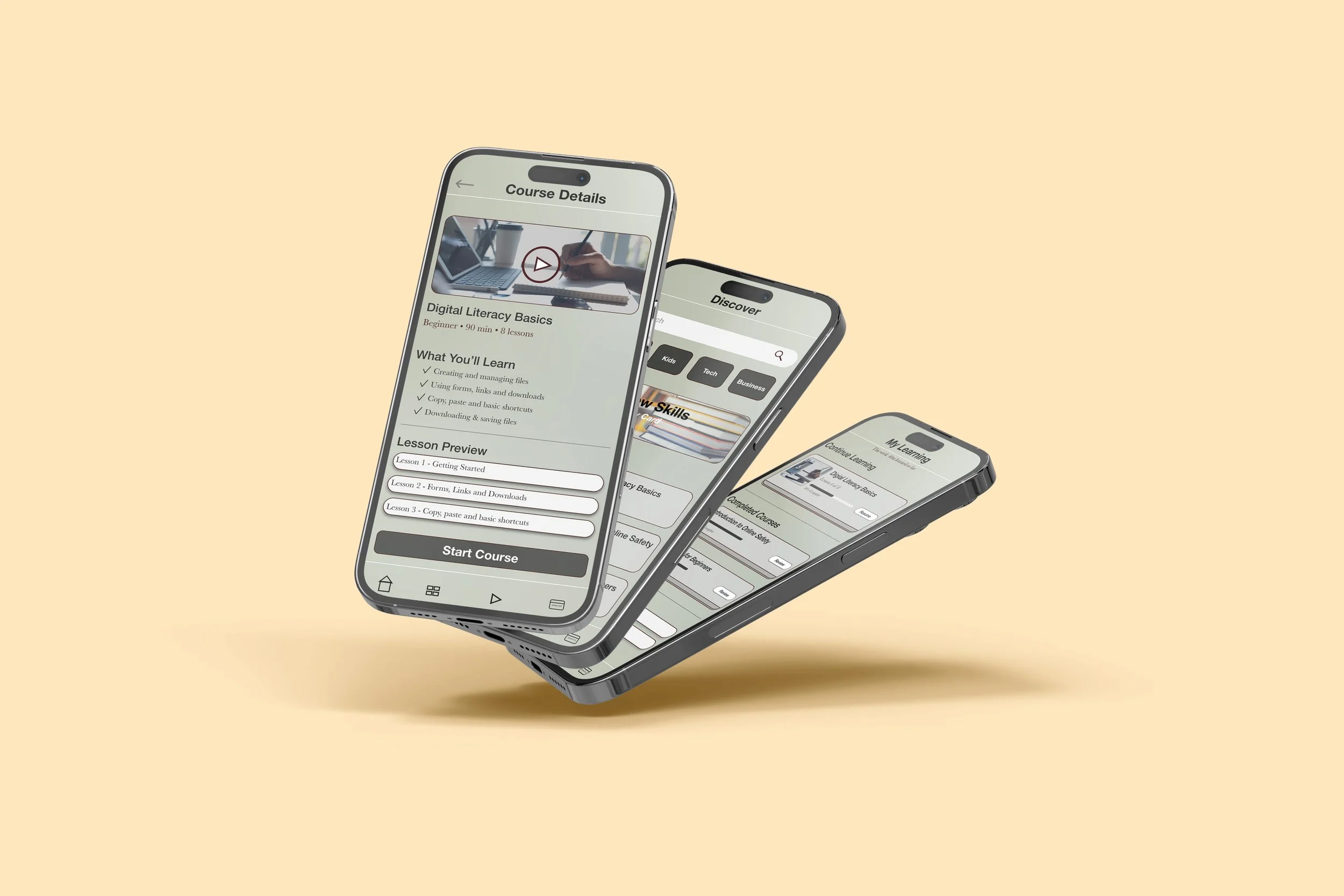 Three smartphones displaying different app screens, floating against a plain beige background.