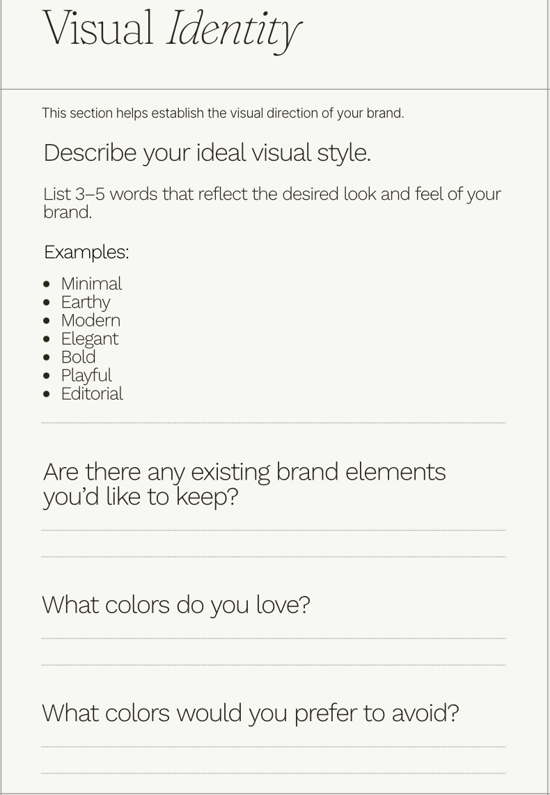 A worksheet titled 'Visual Identity' with instructions for describing your ideal visual style, including examples like minimal, earthy, modern, elegant, bold, playful, editorial. It contains questions about brand elements, favorite colors, and colors to avoid.