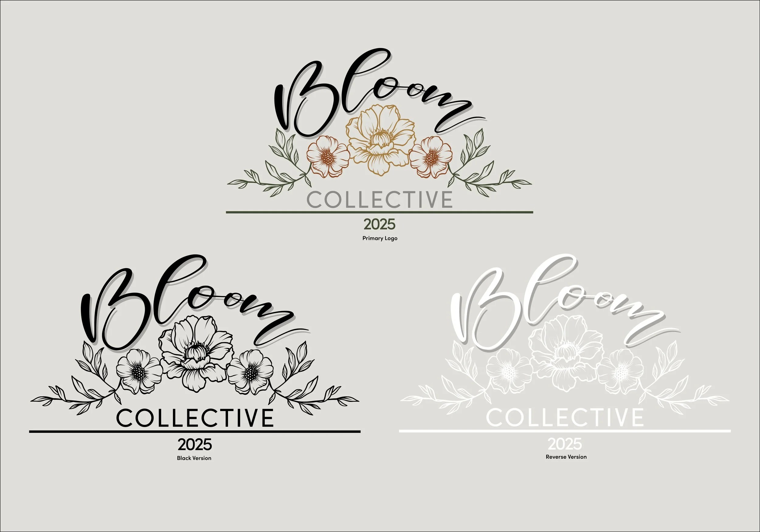 A collection of floral logos for Bloom, with different color schemes and text styles, labeled as 2025.