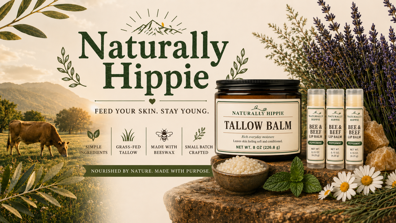 A Natural Hippie advertisement featuring Tallow Balm, Bee & Beef Lip Balm, and Peppermint Lip Balm on a wooden surface with lavender, mint, and chamomile flowers, and a cow grazing in a scenic countryside with mountains in the background.