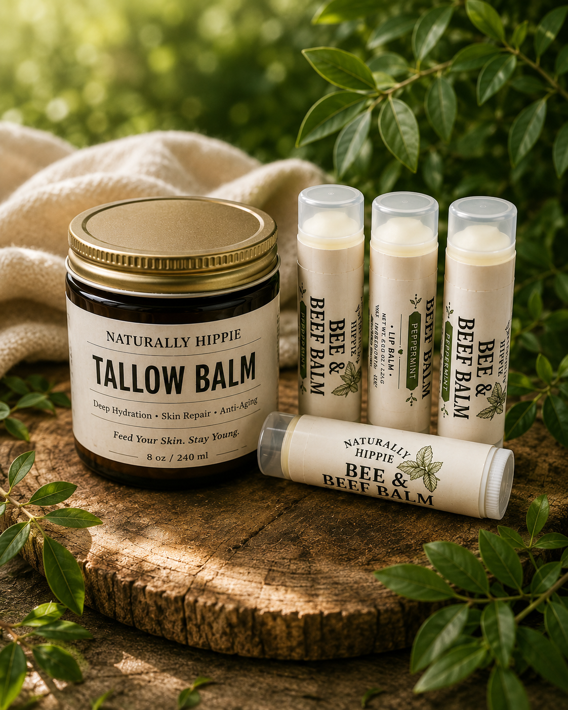Natural skincare products including a jar of Tallow Balm, lip balms, and a Bee & Beef Balm on a wooden surface with green foliage in the background.