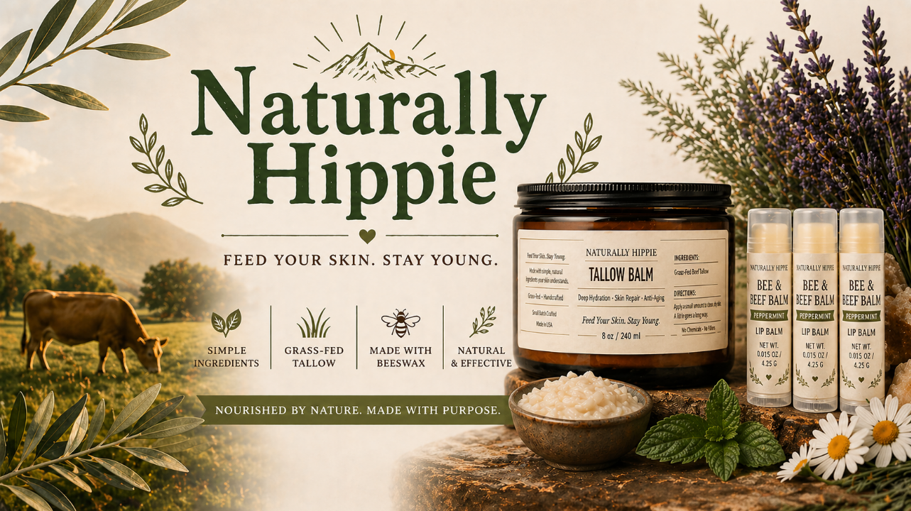A promotional image for Naturally Hippie skincare products featuring a mountain landscape, a cow grazing, and product displays including a jar of Tallow Balm, three bee and beef lip balms, and a bowl of balm. Text highlights natural ingredients, grass-fed tallow, beeswax, and an emphasis on natural skincare.