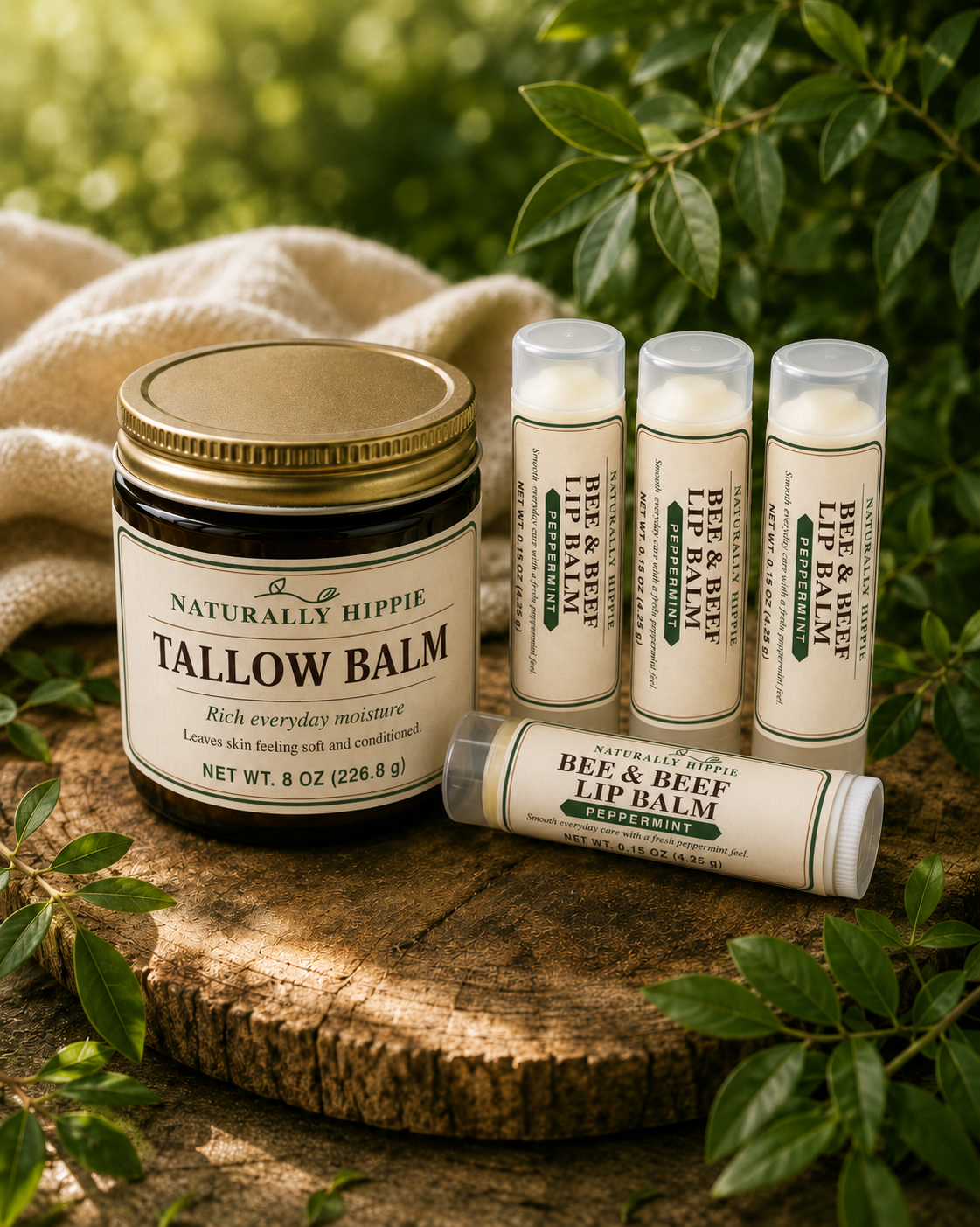 Natural skincare products including Tallow Balm, Bee & Beef Lip Balm, and Bee & Beef Lip Balm Peppermint on a wooden surface surrounded by green leaves and a beige cloth.