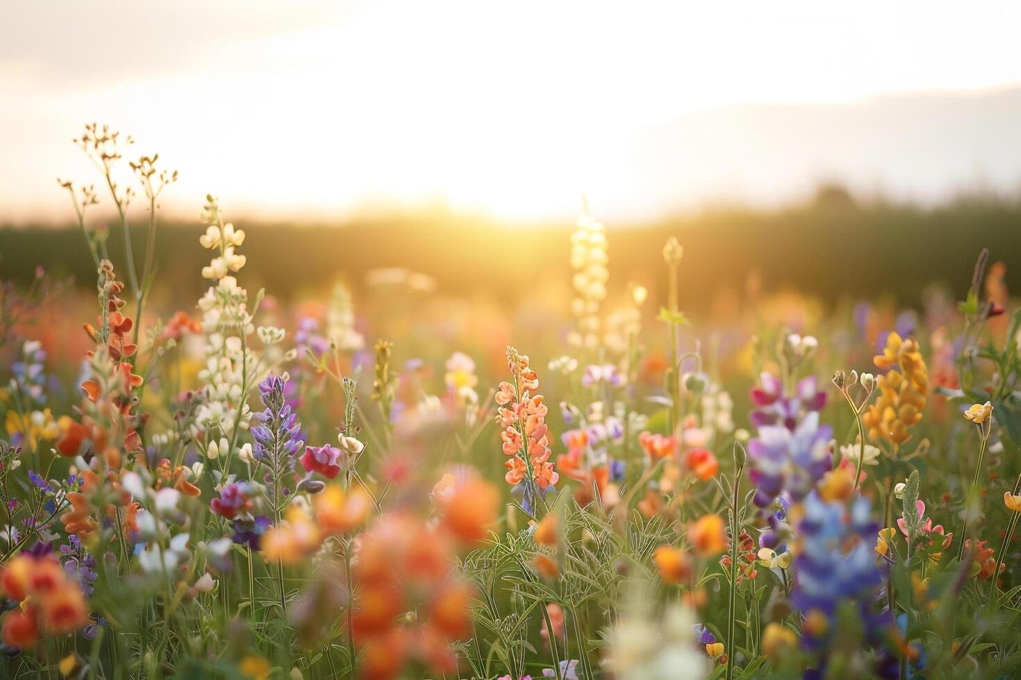 Colorful wildflowers in a field at sunset, with warm sunlight illuminating the scene.