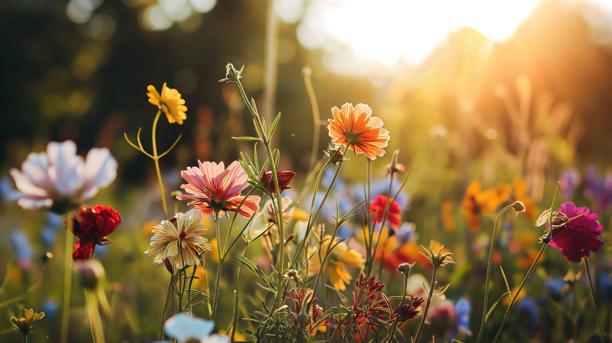 Colorful wildflowers in sunlight with a blurred background of trees and warm sunlight.