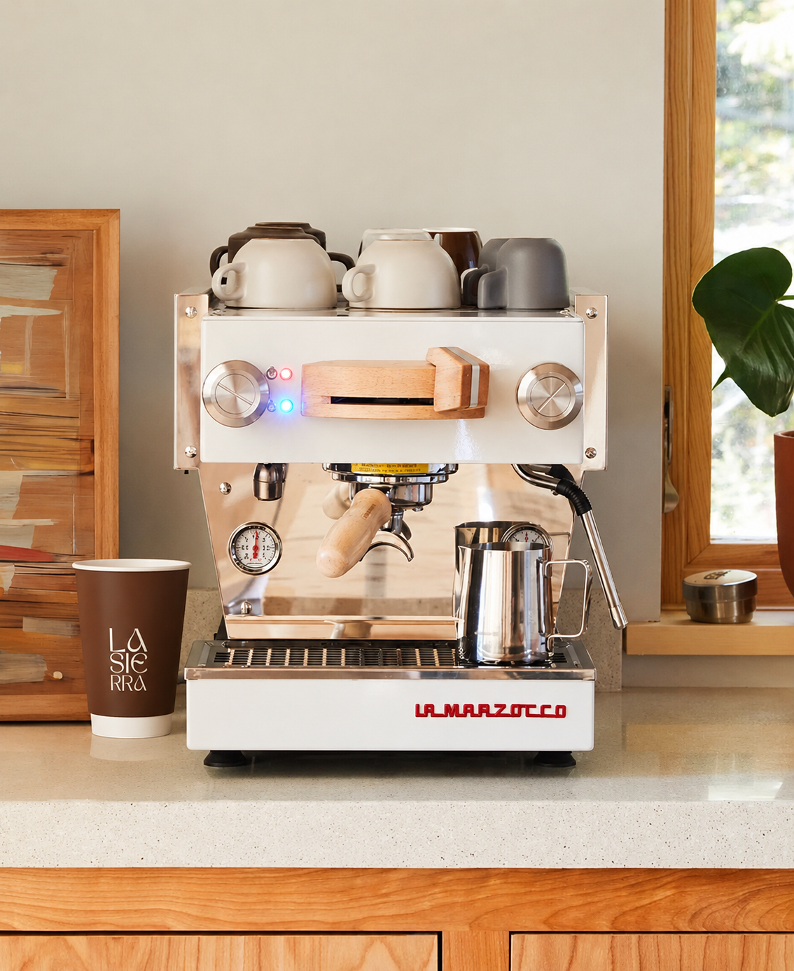 White espresso machine with mugs on top, a wooden handle, and a metallic milk steamer pitcher on a countertop. A paper cup with "LA SIERA" on it is placed to the left of the machine, and a potted plant is visible on the right near a window.