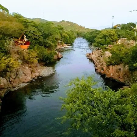 View of a river flowing through a canyon with rocky banks, surrounded by green trees and vegetation.