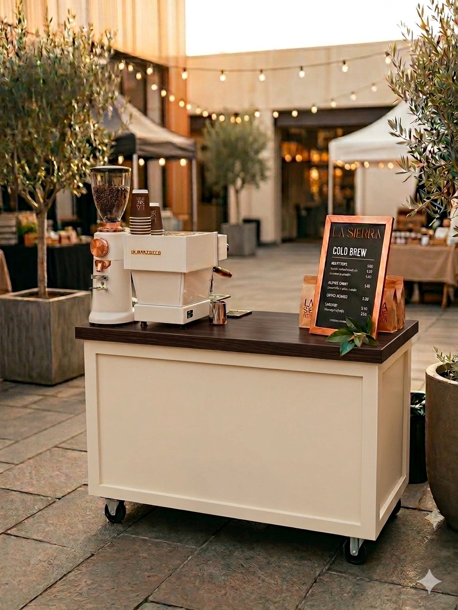 Mobile coffee stand with an espresso machine and a menu sign, set outdoors at a cafe patio decorated with string lights and potted trees.