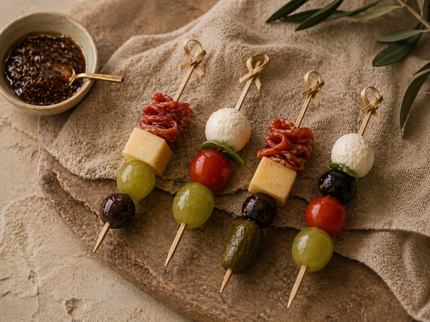 Assorted skewered appetizers on a wooden board with a small bowl of dipping sauce, set on a textured surface with a beige cloth and green leaves in the background.