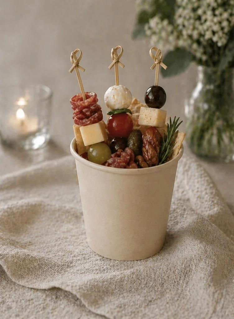 Charcuterie cup with cheese, grapes, olives, nuts, and skewered toppings on a beige tablecloth with candles and flowers in the background.