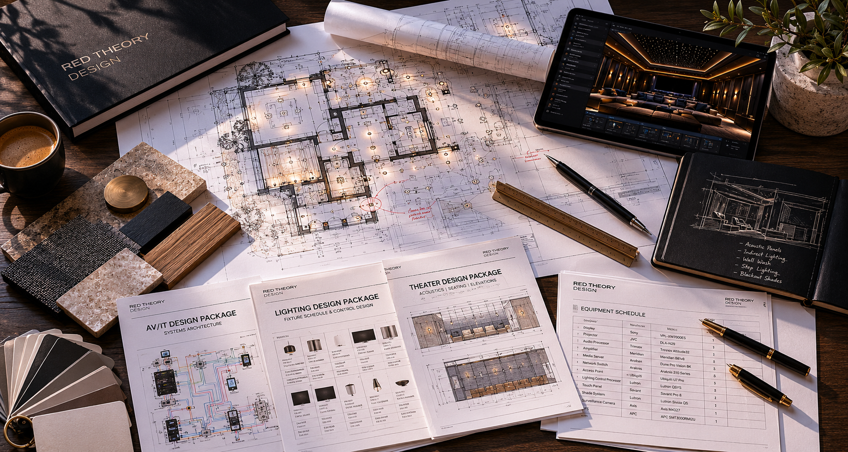 Architectural design workspace with blueprints, design packages, notebooks, pens, color swatches, plant, coffee, and a tablet displaying an interior room with ambient lighting.