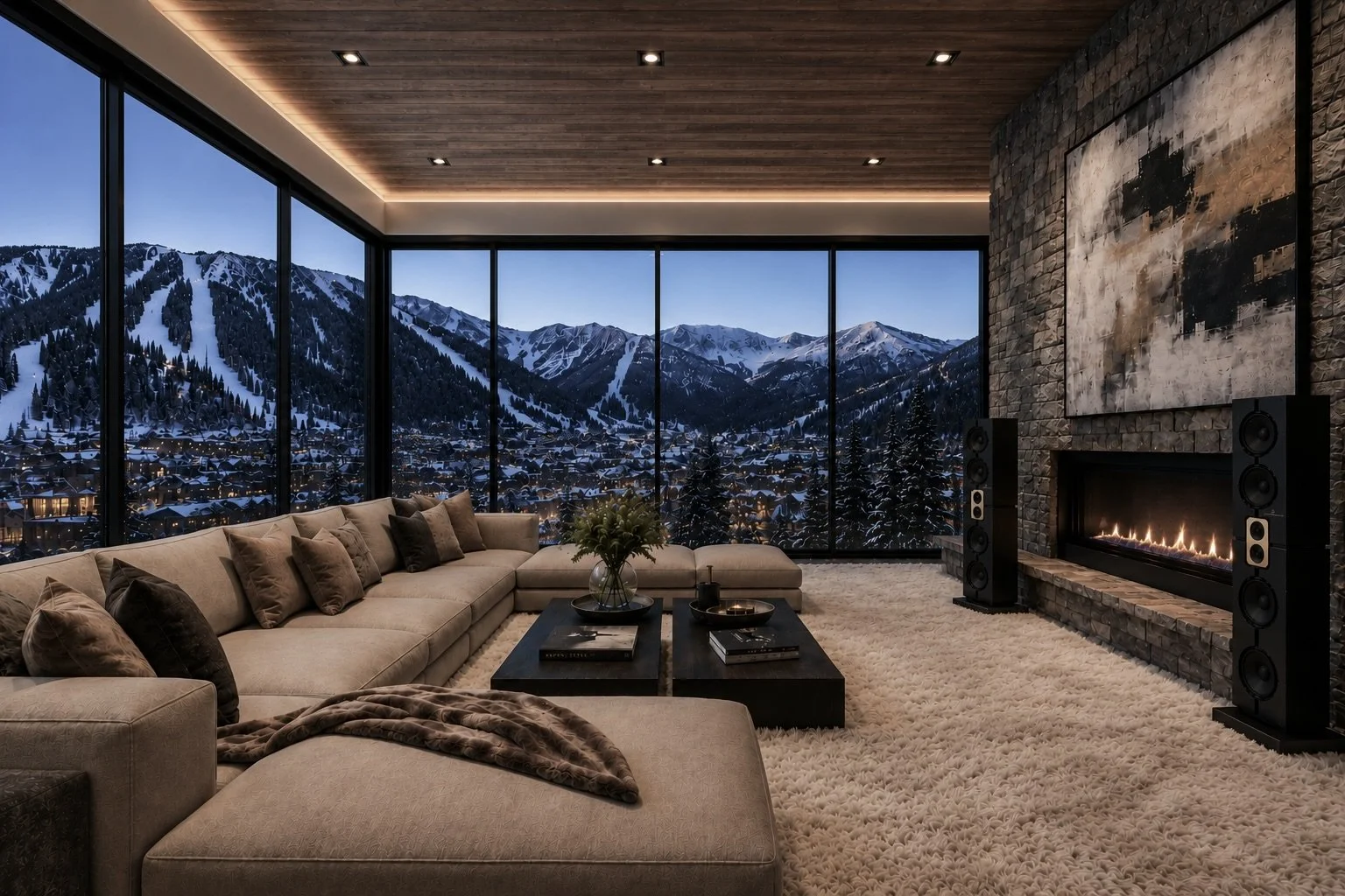 Modern living room with large floor-to-ceiling windows showing snow-covered mountains and town at dusk. Beige sectional sofa with pillows, black coffee table with books and decor, stone fireplace with fire, abstract art on brick wall, wooden ceiling, plush carpeted floor.