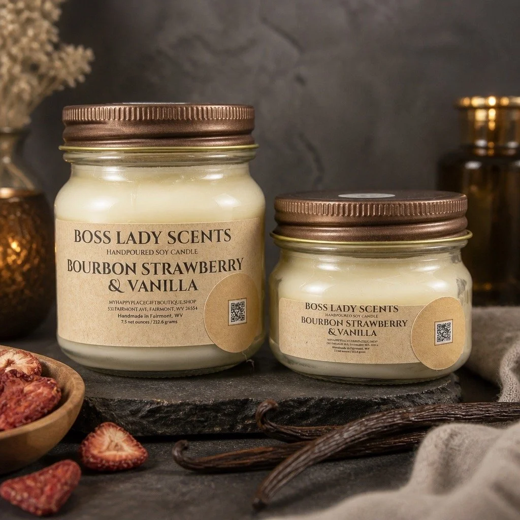 Bourbon Strawberry & Vanilla Soy Candle ~Medium Mason Jar~