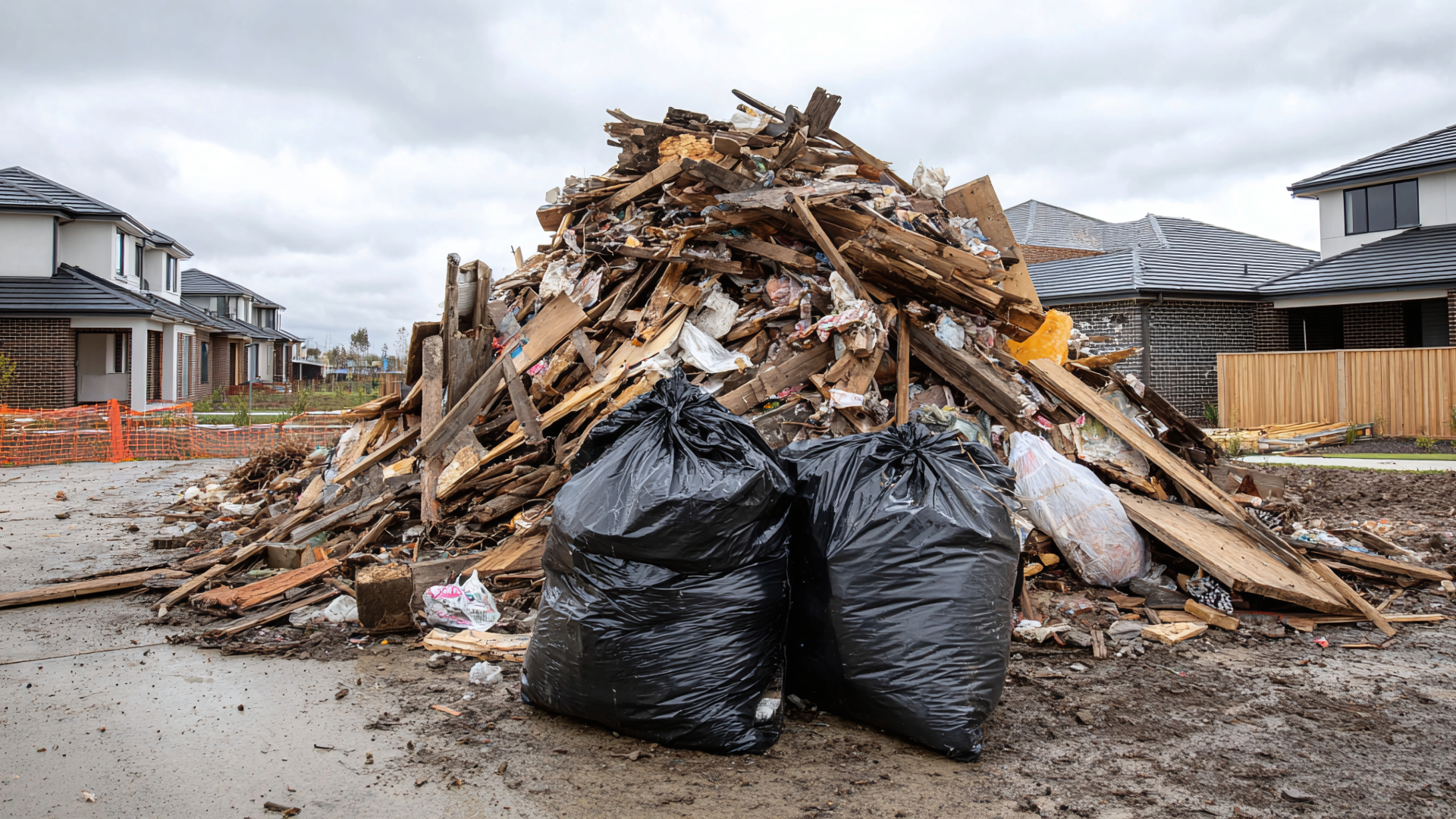 A large pile of debris, wood, and old construction materials with three large black trash bags in front, on a partly cloudy day in a residential area under construction or repair.