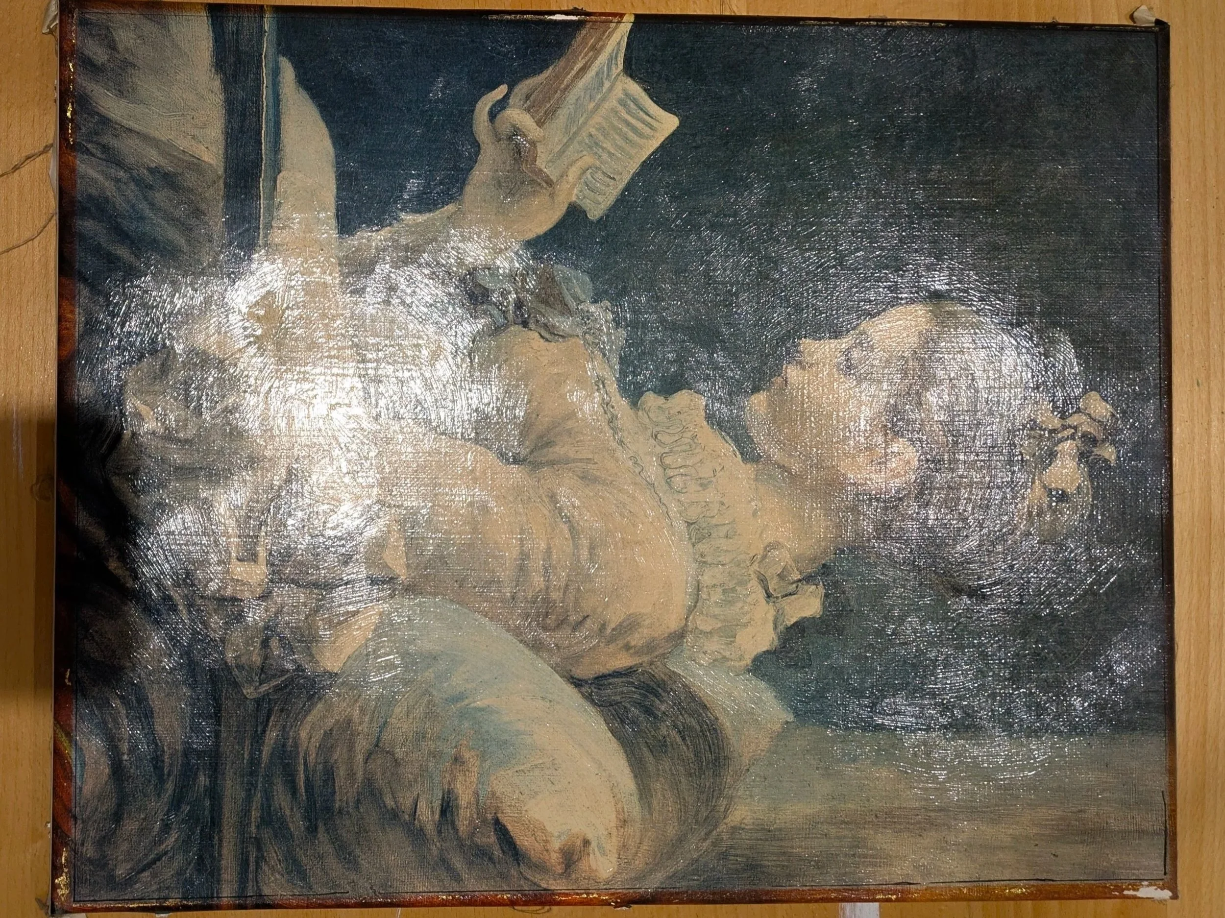 The original canvas out of its frame, gesso already started. Something being covered so something else could exist.