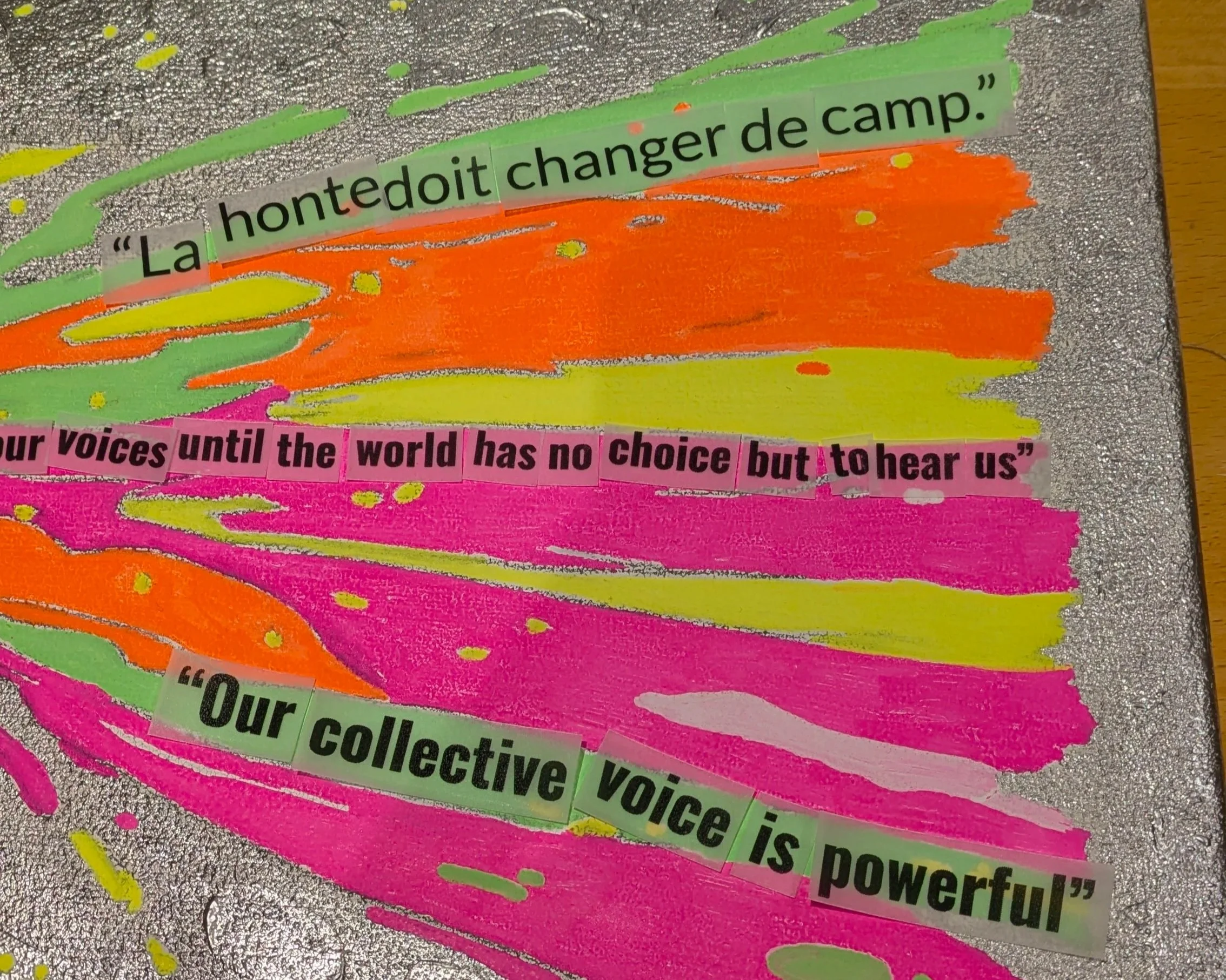 The words going in. Verified statistics and quotes cut from vellum and placed onto the streams. La honte doit changer de camp. Our collective voice is powerful. The rage finding its language.