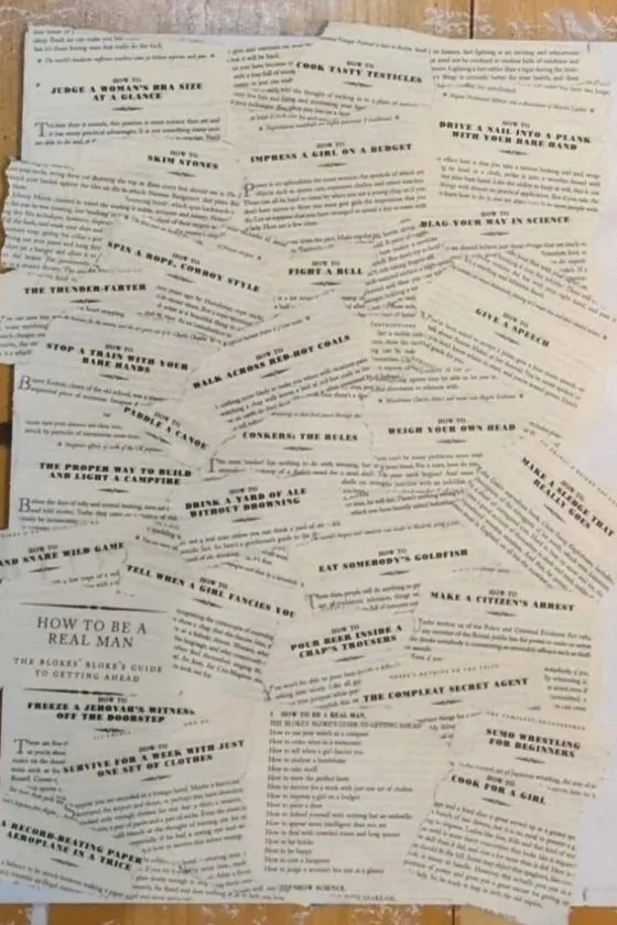 The boys' side. The decoupage built from the real torn pages of 211 Things a Bright Boy Can Do. How to fight a bull. How to make a citizen's arrest. The whole world, handed to him.