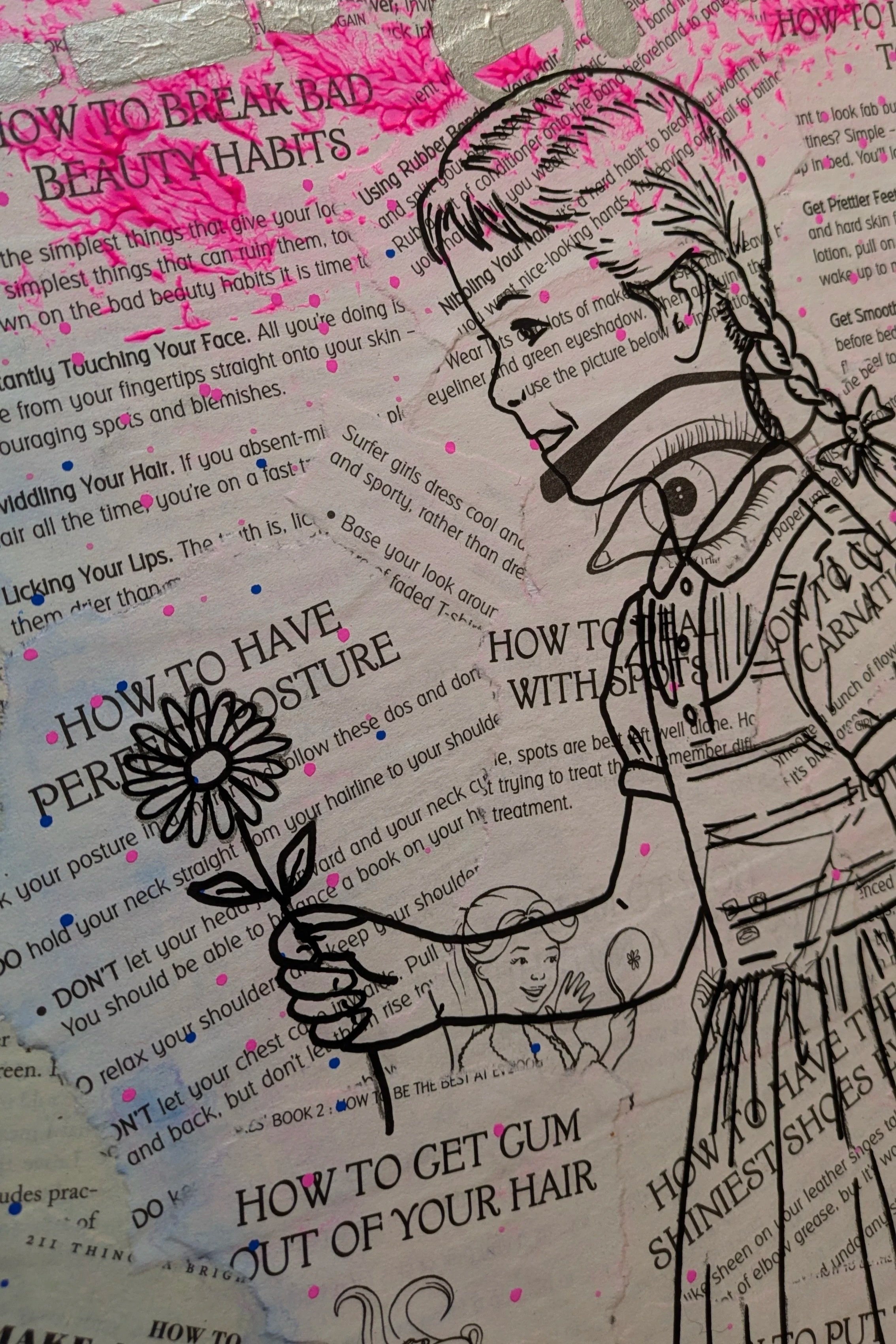 The girl, hand drawn over the top. Still, turned, holding a flower.