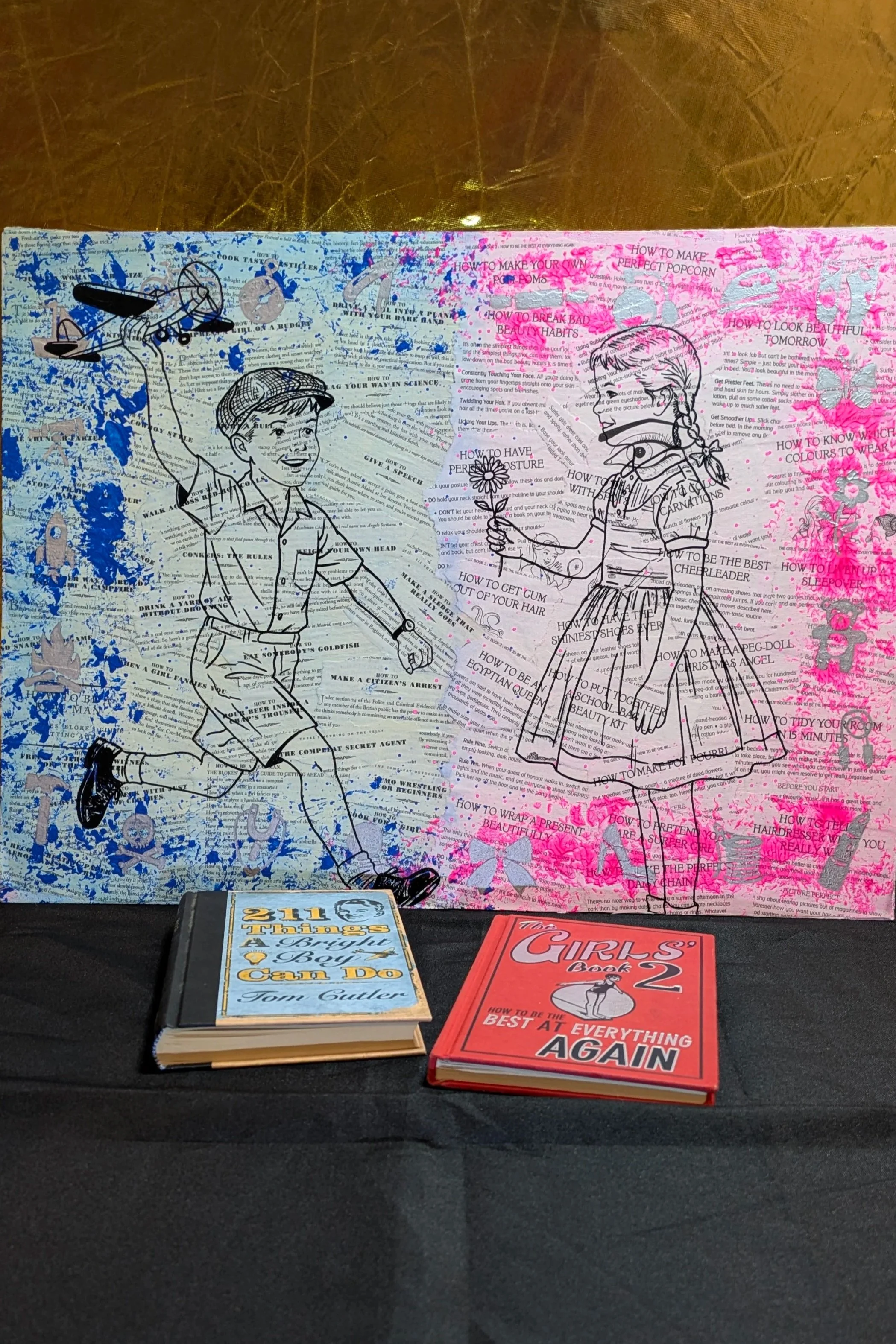 The full canvas with the two books that started it, sat in front, before the final layer.