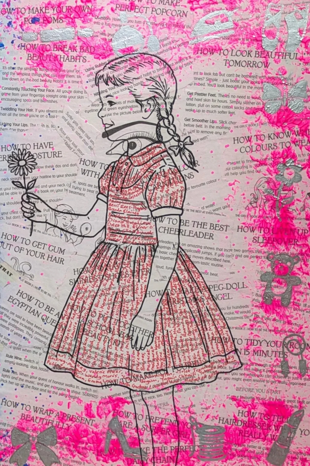 The finished right side. Her dress filled in red, and close up, the red spells out names.
