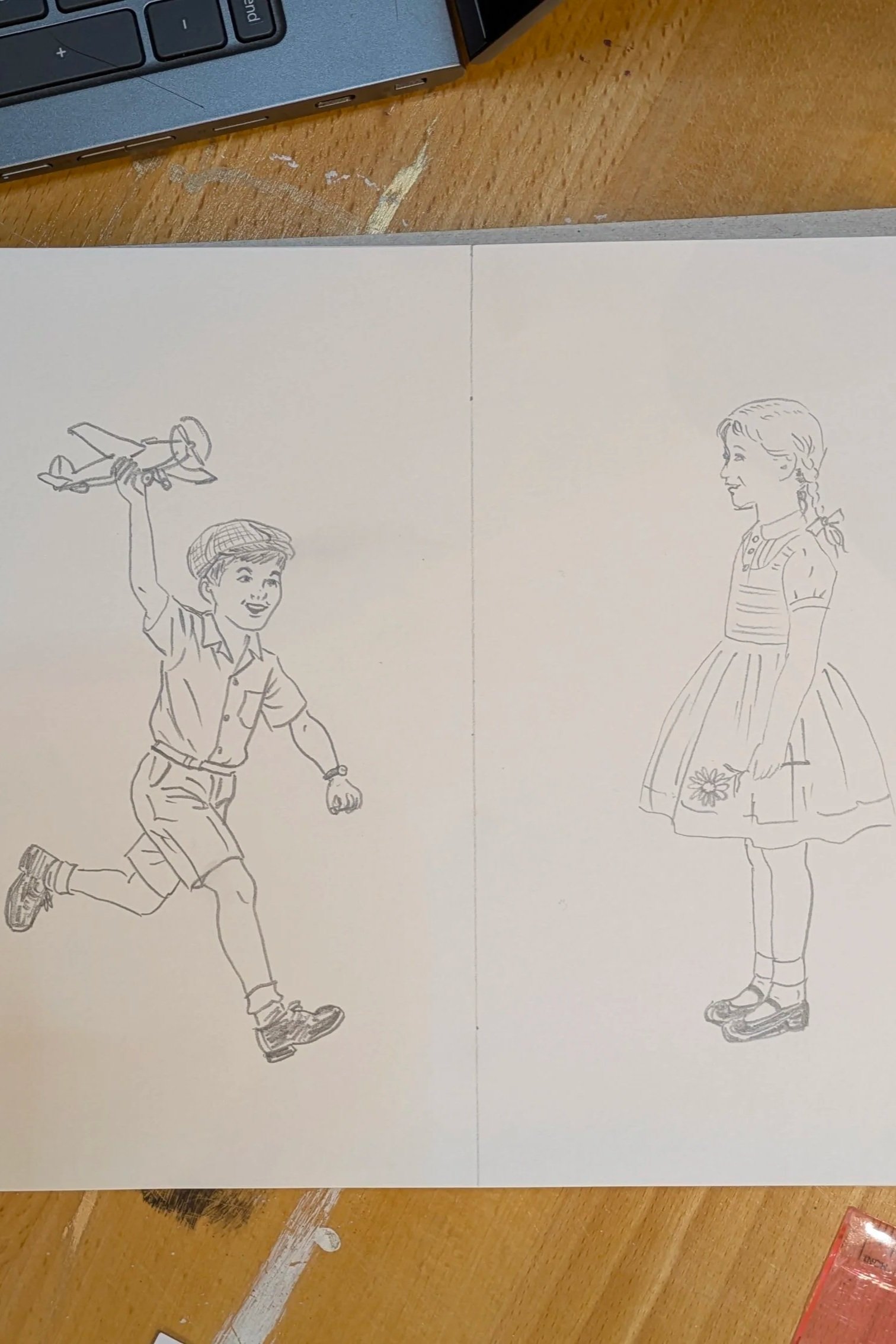 The first sketch. Working the boy and the girl out on paper before they reached the canvas. She's in a different pose here, still finding who she'd become.