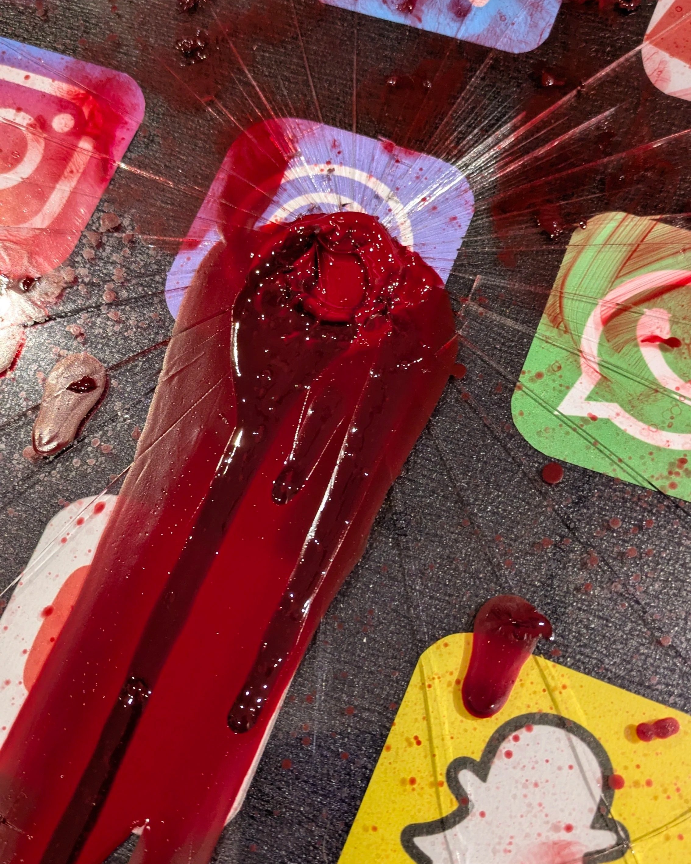 The wound in Life360. Close up on the hole. A second, darker layer of blood coming up through it for depth. The safety app bleeding out from the middle.