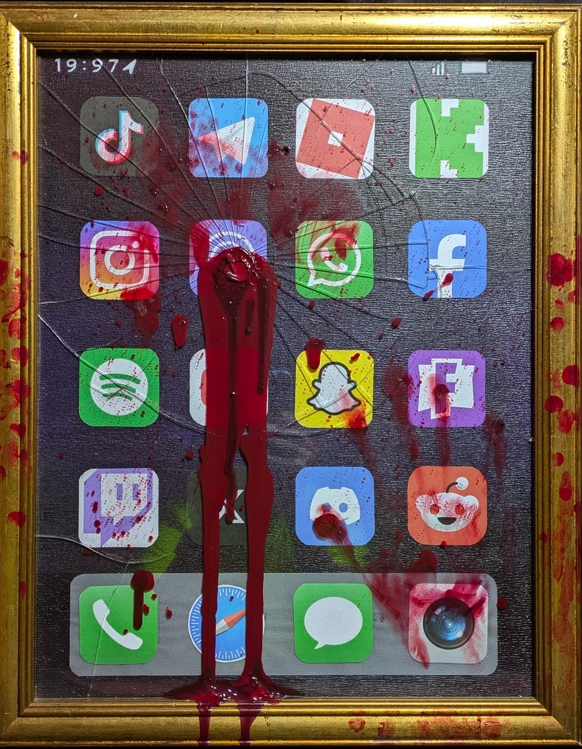 BROKEN. Finished. The apps, the crack, the blood, the gold frame. Two women a week. This is what the screen has to do with it.