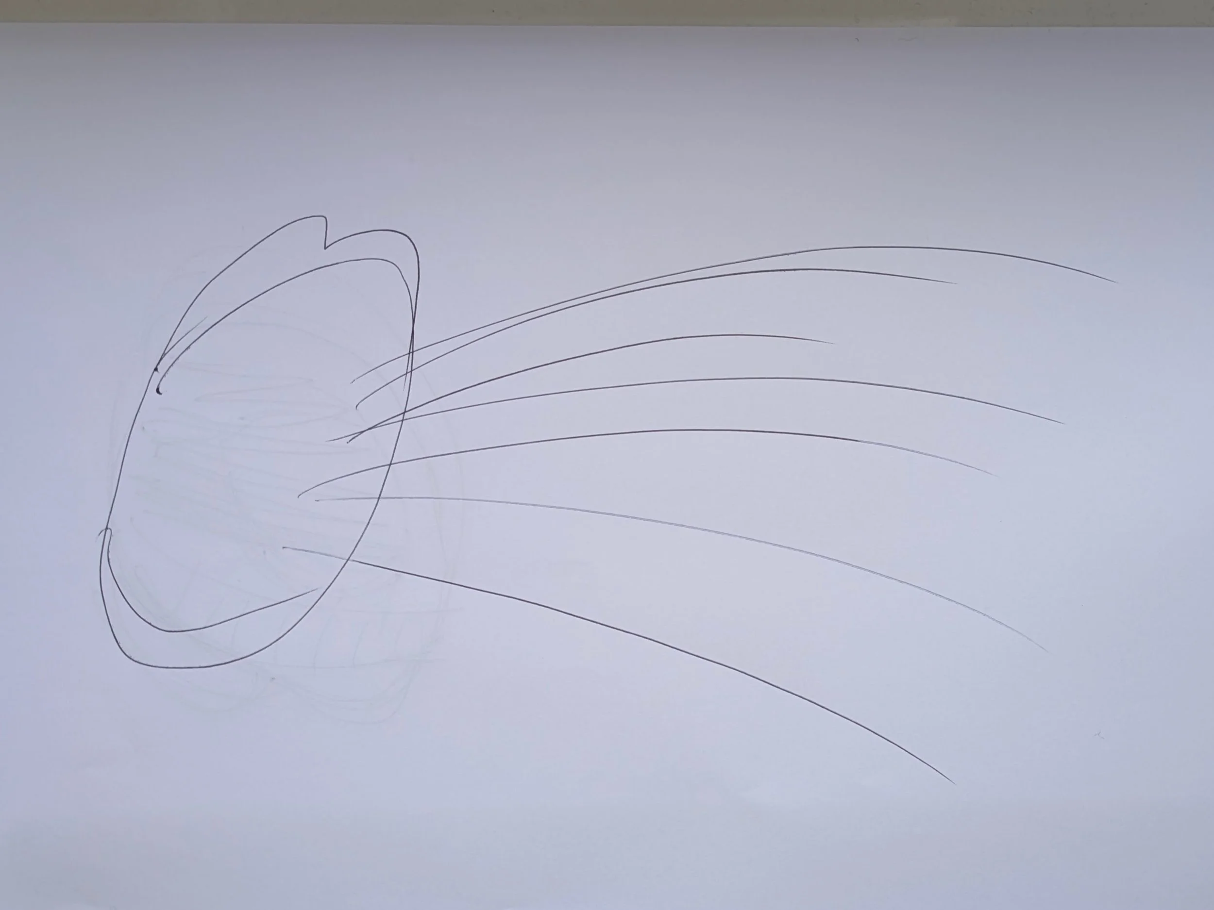 A rough pencil sketch showing the initial composition for Uncontainable, a wide open mouth on the left with several flowing lines streaming outward to the right across the page.