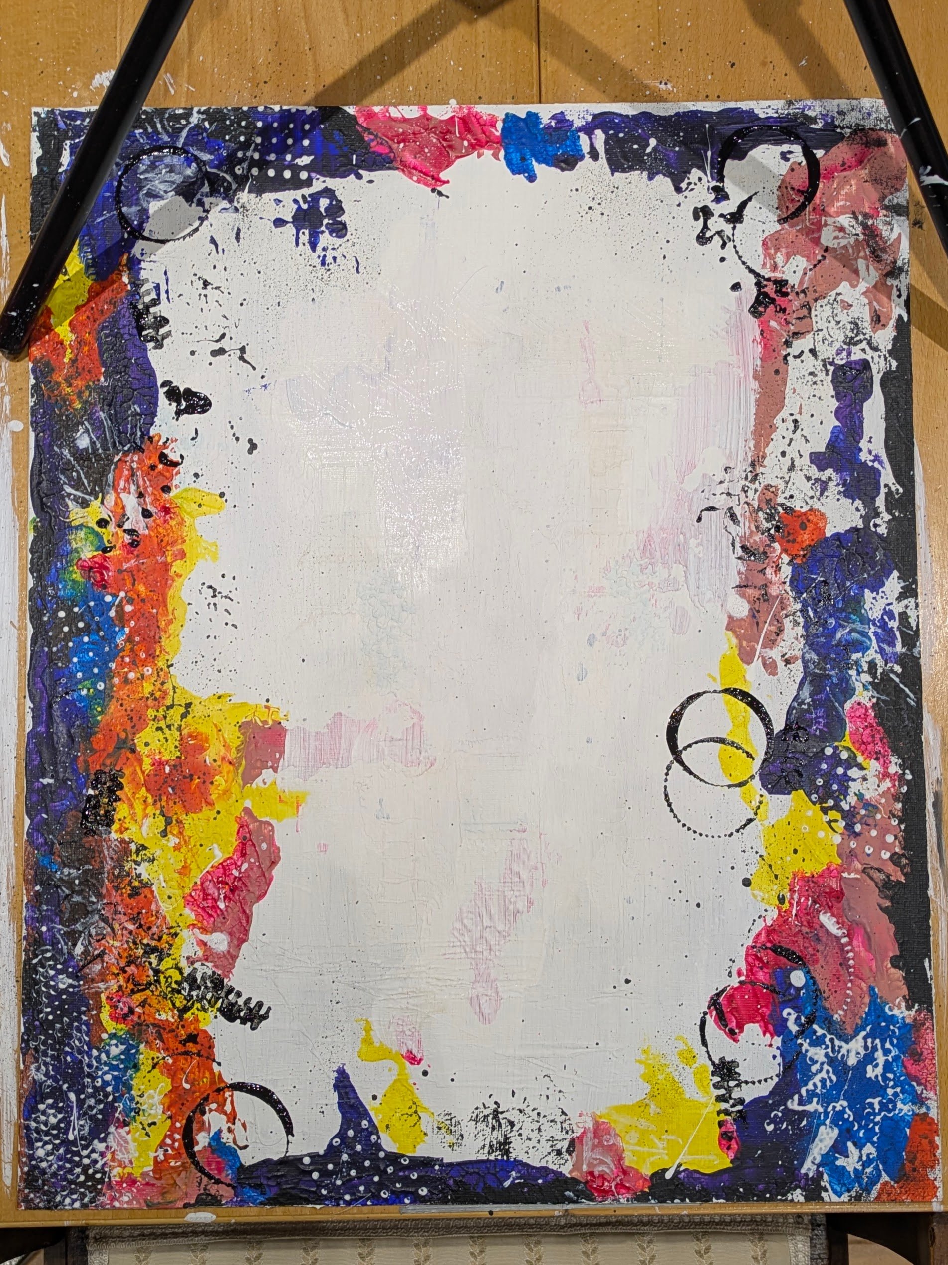 The foundation.  Layers of chaos built up over days, using palette knife marks, splatter, object prints, colour on colour.  Everything that lives underneath.