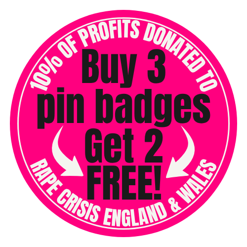 Pink, round sticker saying Buy 3 pin badges get 2 free