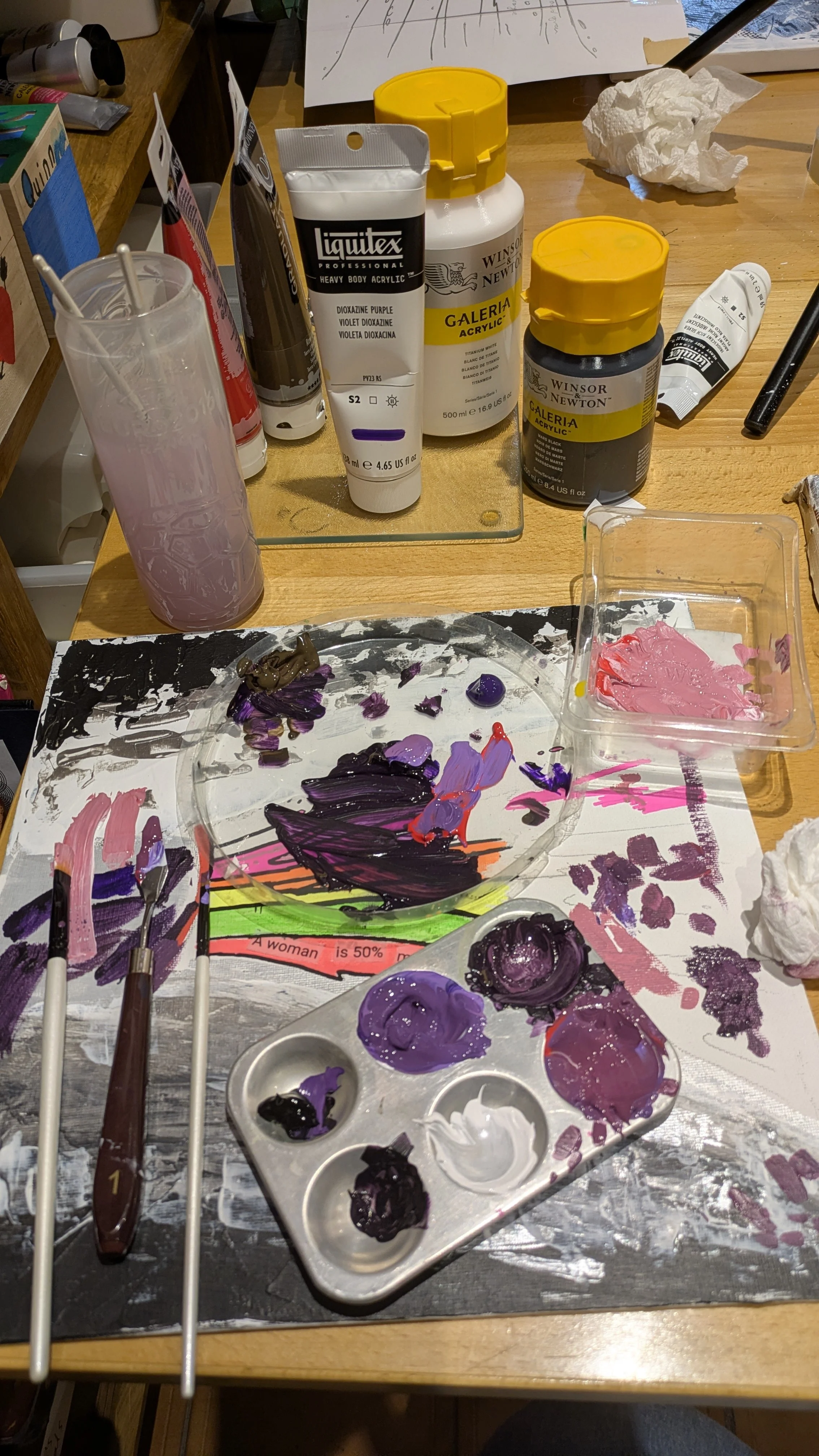 With Shaking Hands art process: acrylic paint palette and tools in studio