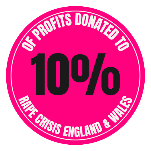 Round, pink button saying 10% of profits donated to Rape Crisis England & Wales