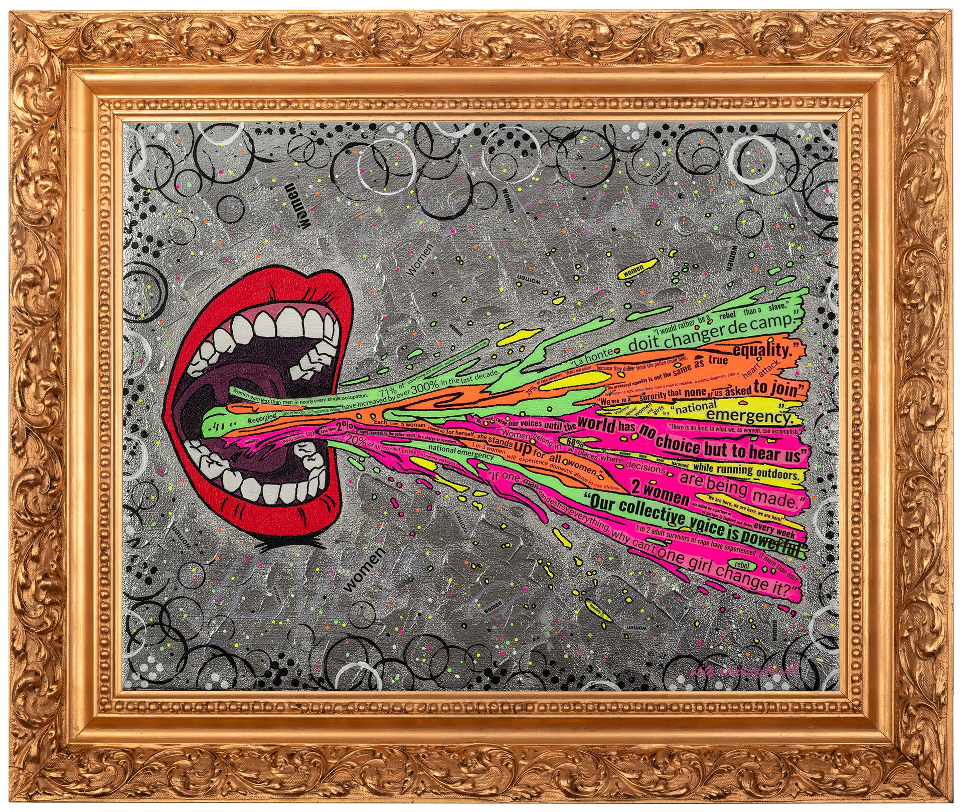 Uncontainable: Mixed media feminist art with mouth expelling text streams in fluorescent colours, housed in ornate gilt frame.