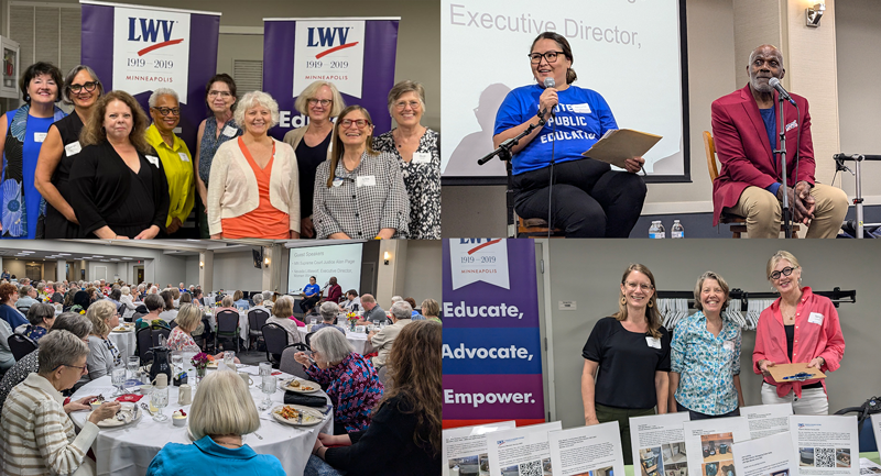 Collage of four photos from a community event. Top left: ten women standing in front of banners reading "LWW 1919-2019 Minneapolis," smiling for the camera. Top right: a woman with glasses speaking at a podium with a microphone, and an older man sitt