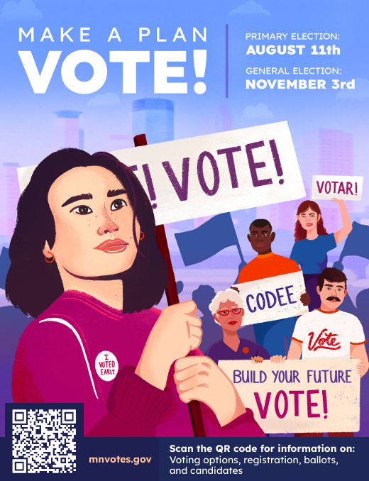 A diverse group of people holding signs promoting voting, including a woman in the foreground with a 'VOTE!' sign, at a protest or rally against a city skyline background. The image emphasizes voting in upcoming elections with dates for primary and g