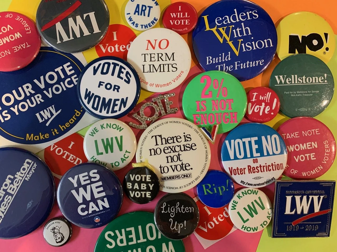 A collection of political and voting campaign buttons related to women's voting rights and political messages.