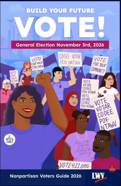 Illustration of diverse people holding signs and raising fists in support of voting, promoting the November 3rd, 2026 elections, encouraging early voting and participation in the Nonpartisan Voters Guide.